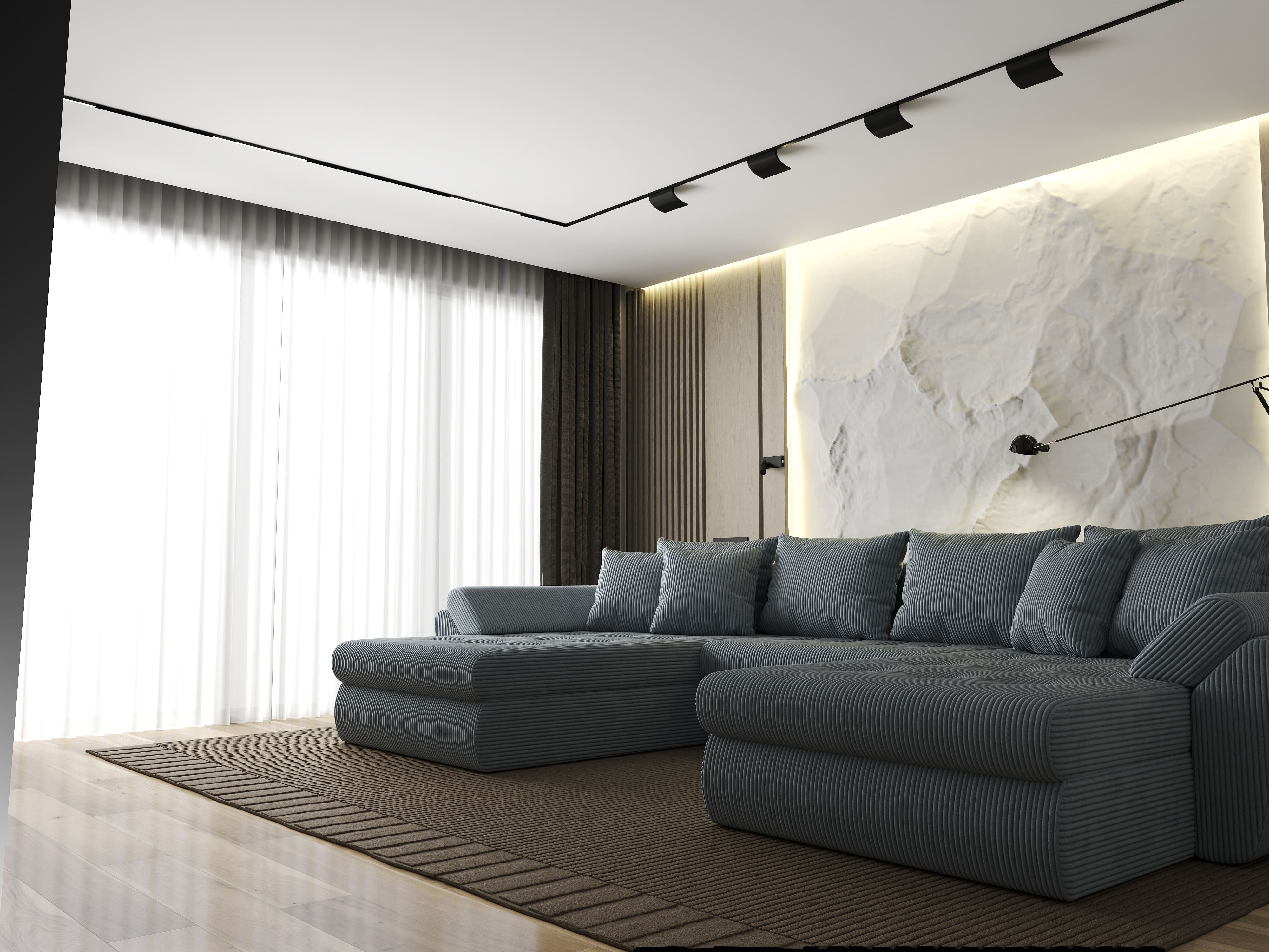 Colțar extensibil dumonde cu ladă de depozitare si sezut confortabil din spuma HR, Loana U Zoom Grey 355x185 cm Fabrica