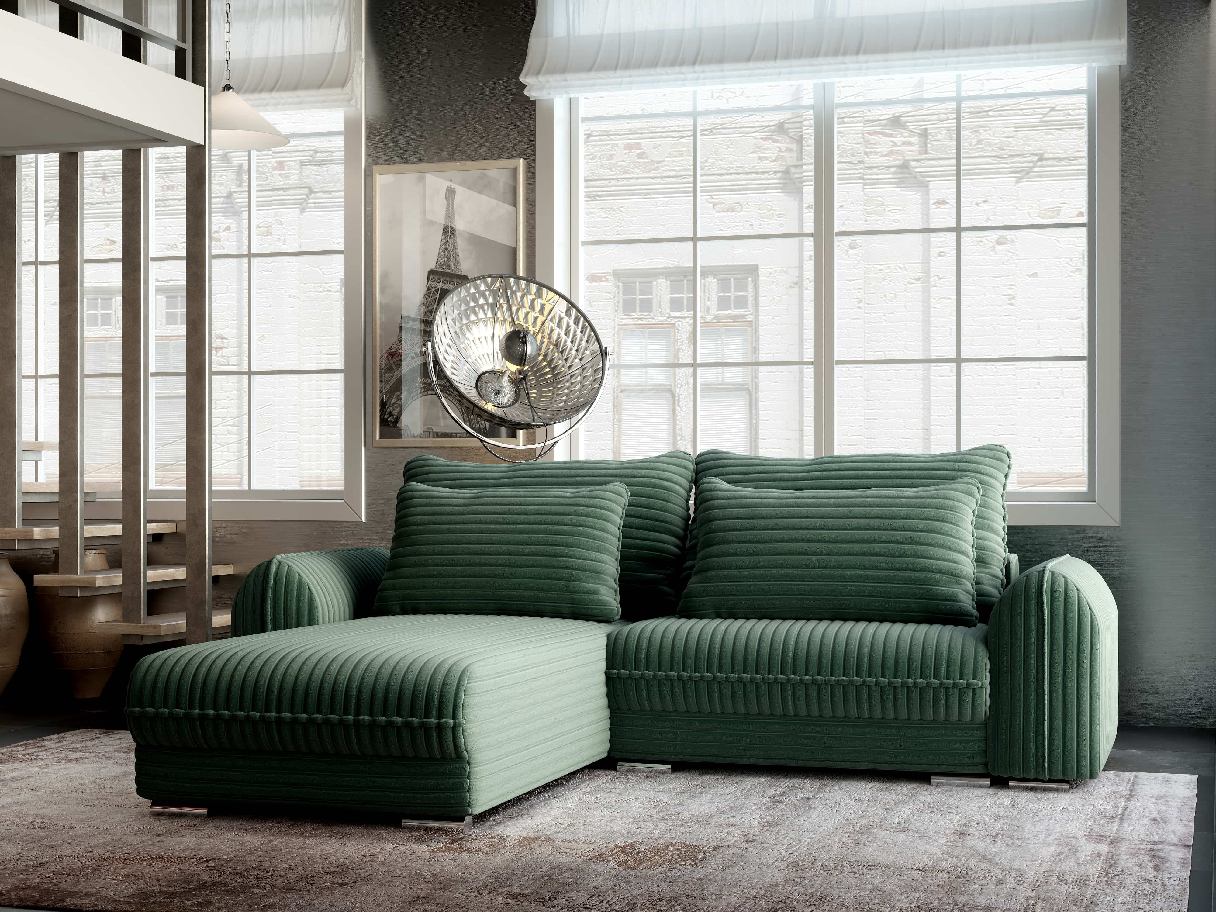 Colțar extensibil dumonde cu ladă de depozitare si sezut confortabil din spuma HR, Denver Ambience Verde 275x185 cm Fabrica