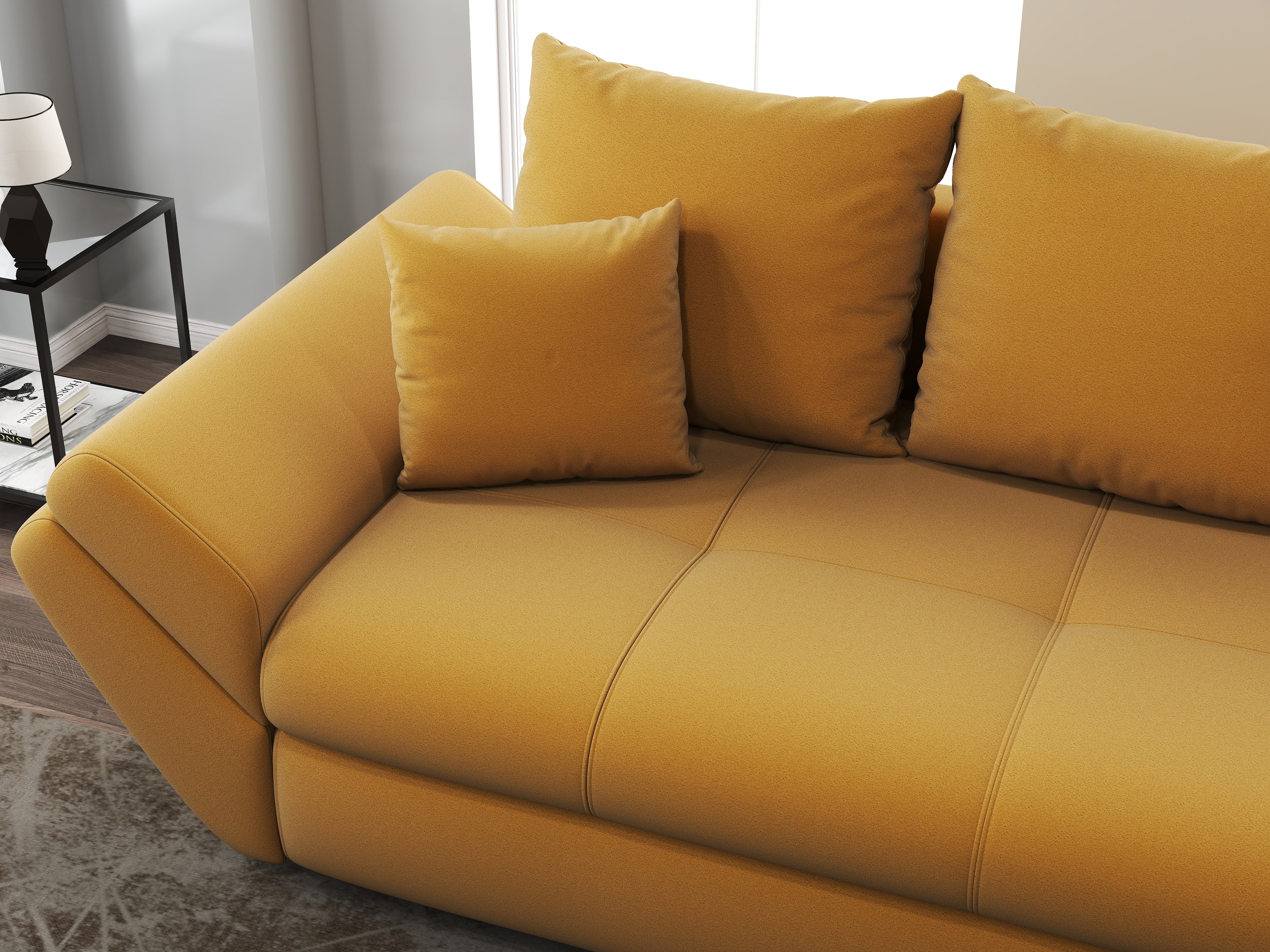 Canapea extensibilă dumonde cu ladă de depozitare si sezut confortabil din spuma HR, Loana Royal Mustar 250x100 cm Fabrica