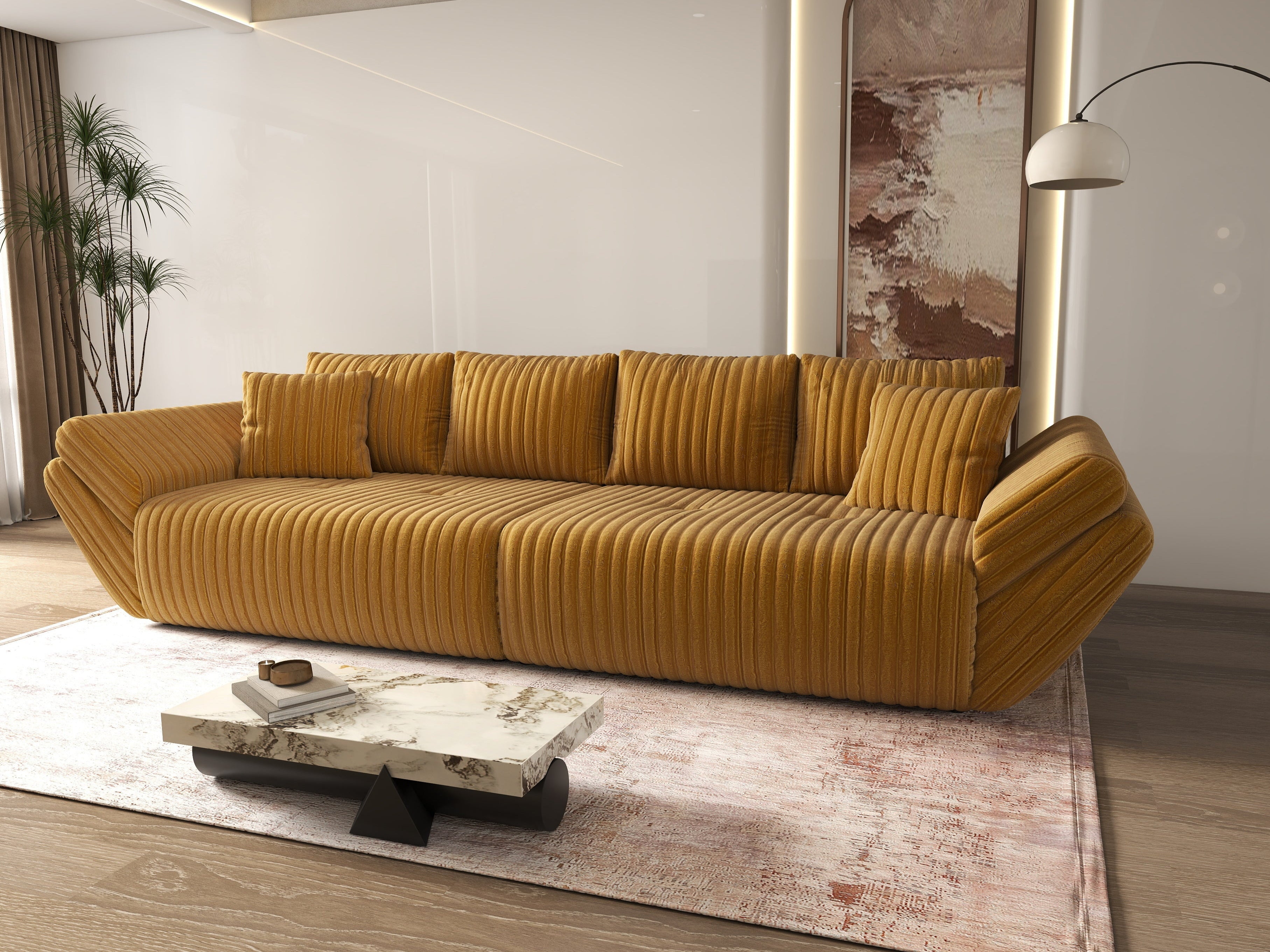 Canapea extensibilă dumonde cu ladă de depozitare si sezut confortabil din spuma HR, Berlin Ambience Mustar 300x100 cm Fabrica