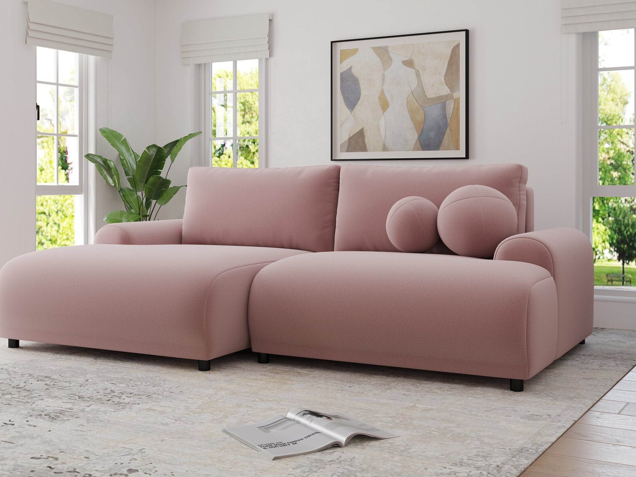 Colțar extensibil dumonde cu ladă de depozitare și șezut confortabil din spumă HR, Carlo Royal Roz 240x145 cm