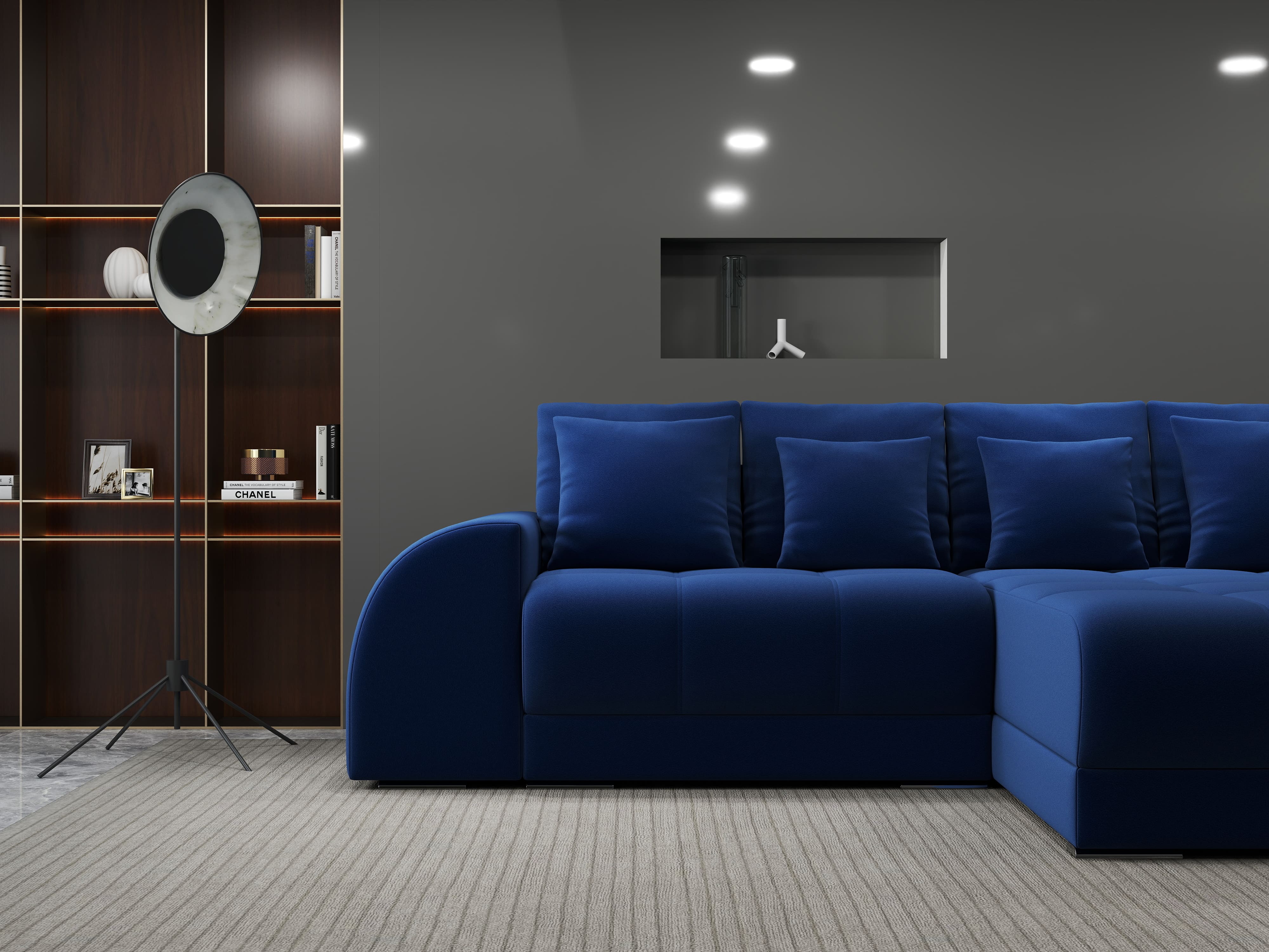 Colțar extensibil dumonde cu ladă de depozitare si sezut confortabil din spuma HR, Verona Royal Albastru II 290x185 cm Fabrica