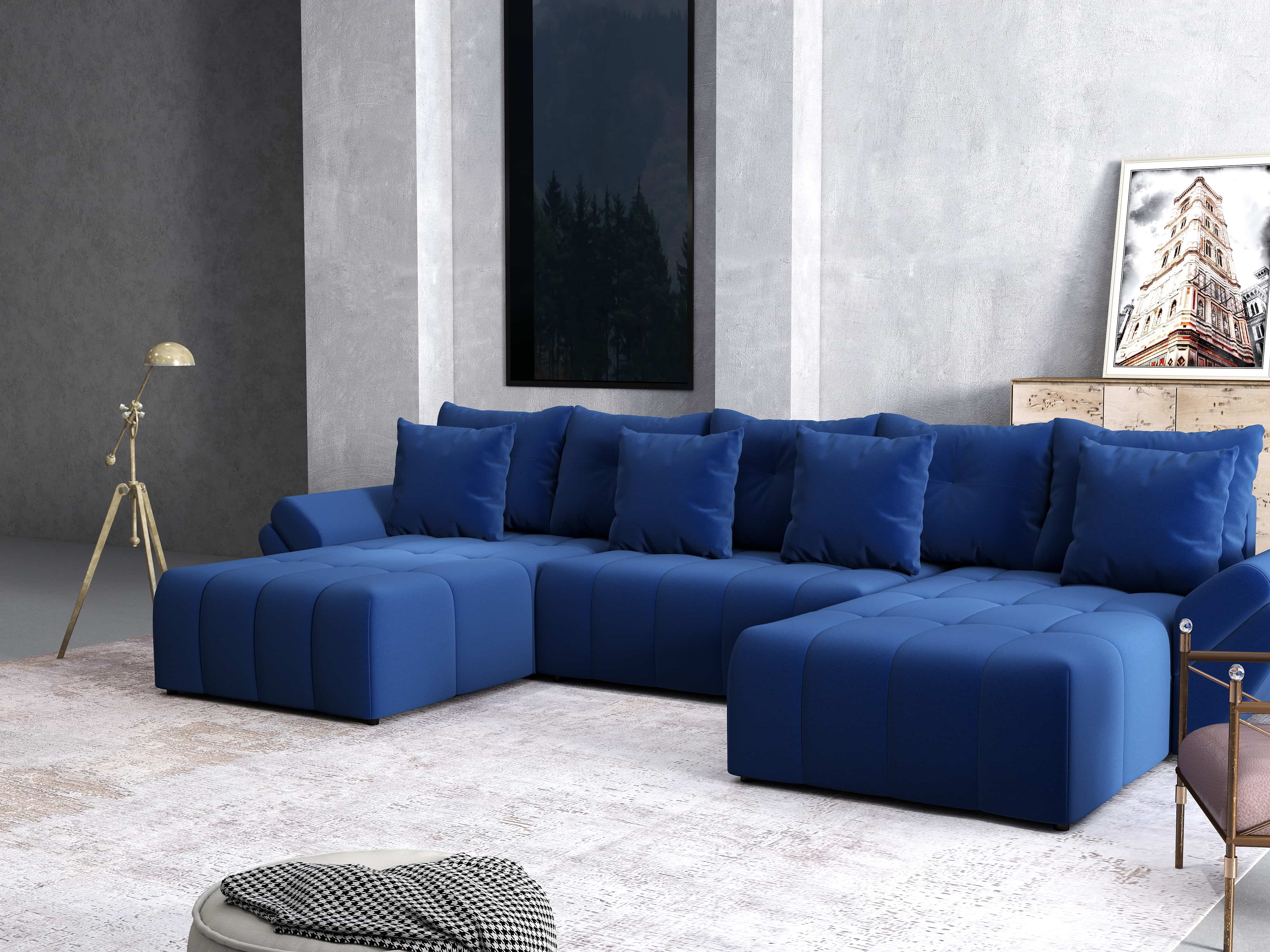 Colțar extensibil dumonde cu ladă de depozitare si sezut confortabil din spuma HR, Berlin U Royal Blue 380x180 cm Fabrica
