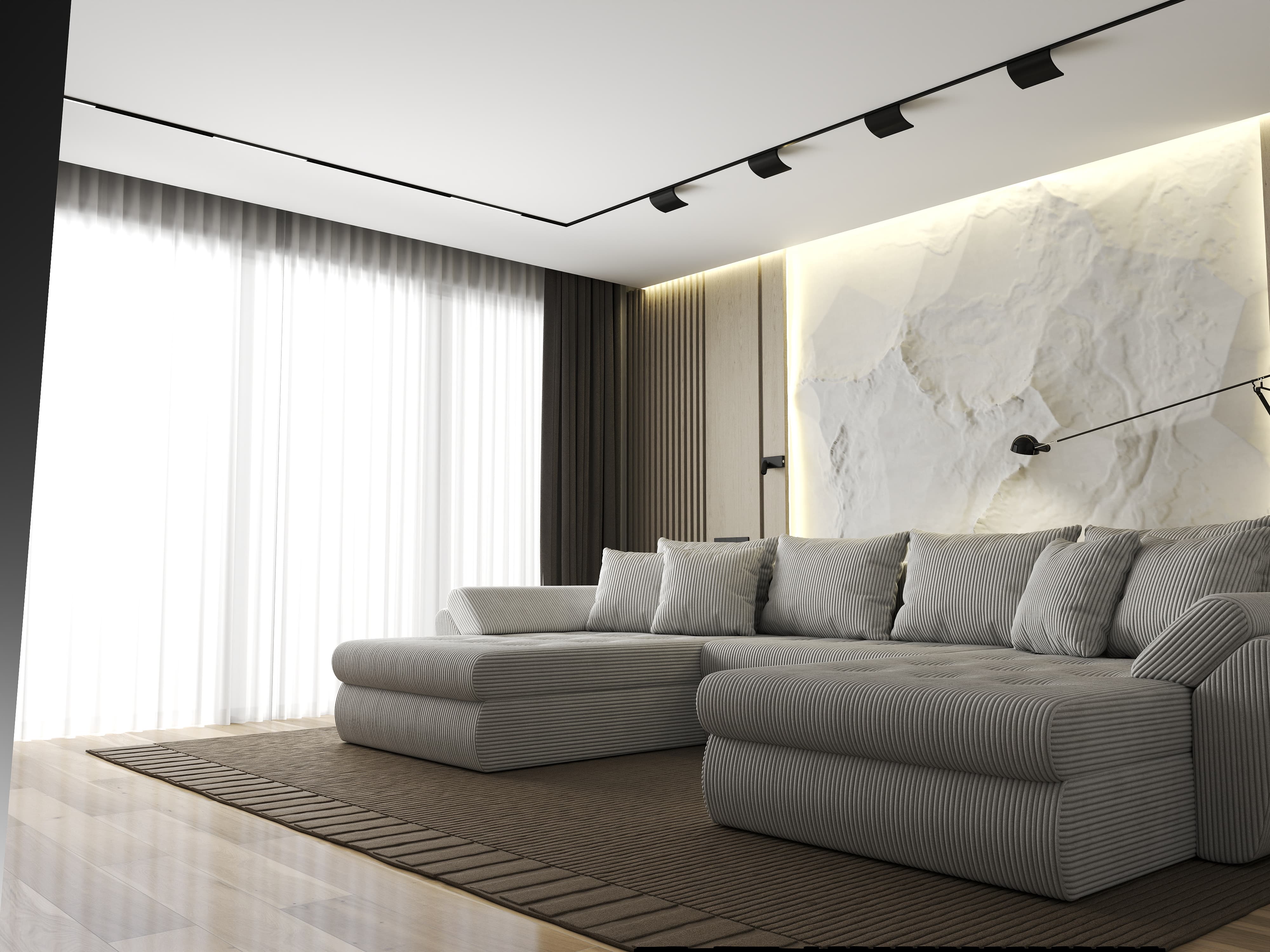 Colțar extensibil dumonde cu ladă de depozitare si sezut confortabil din spuma HR, Loana U Zoom Cream 355x185 cm Fabrica