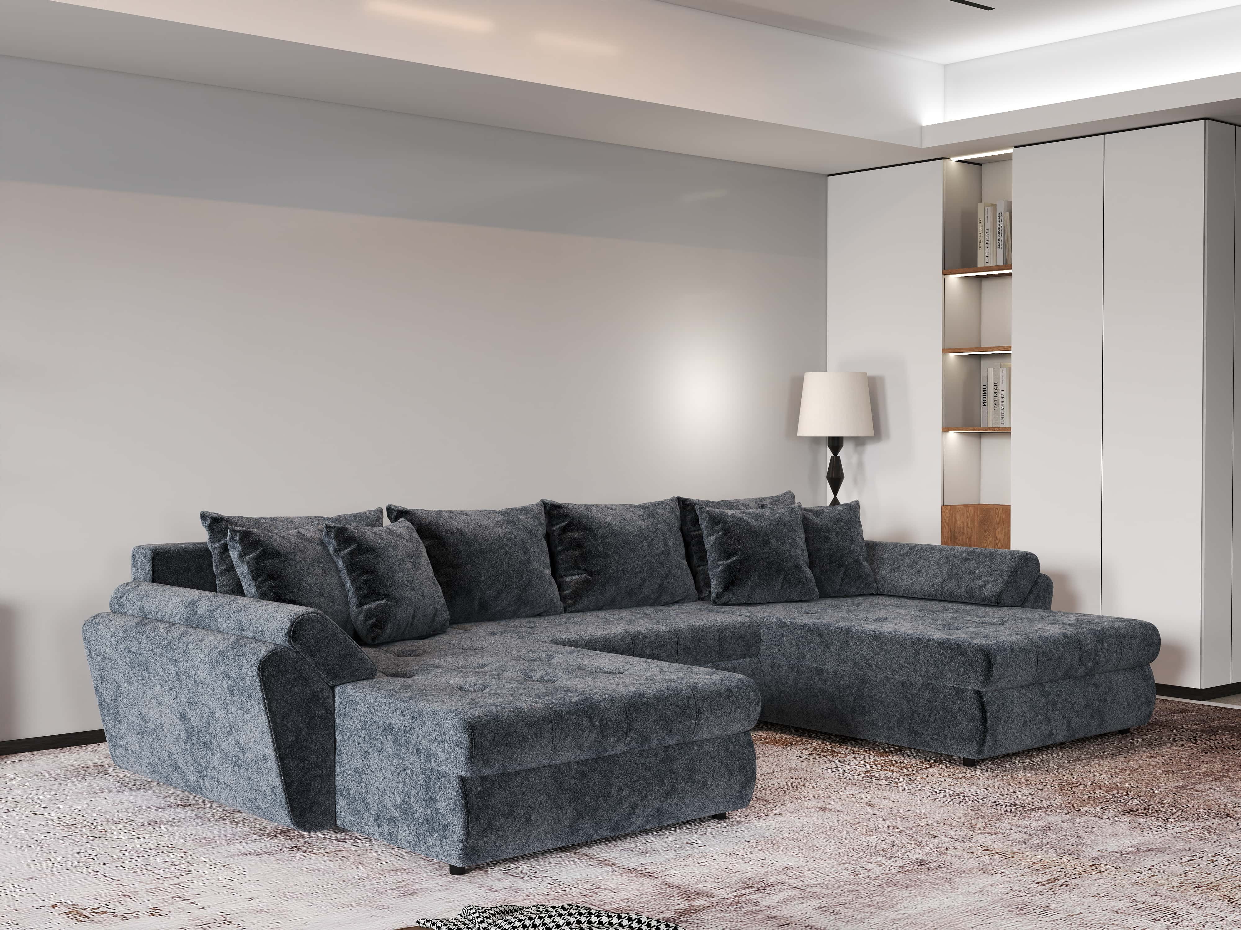 Colțar extensibil dumonde cu ladă de depozitare si sezut confortabil din spuma HR, Loana U Euphoria Grafit 355x185 cm Fabrica