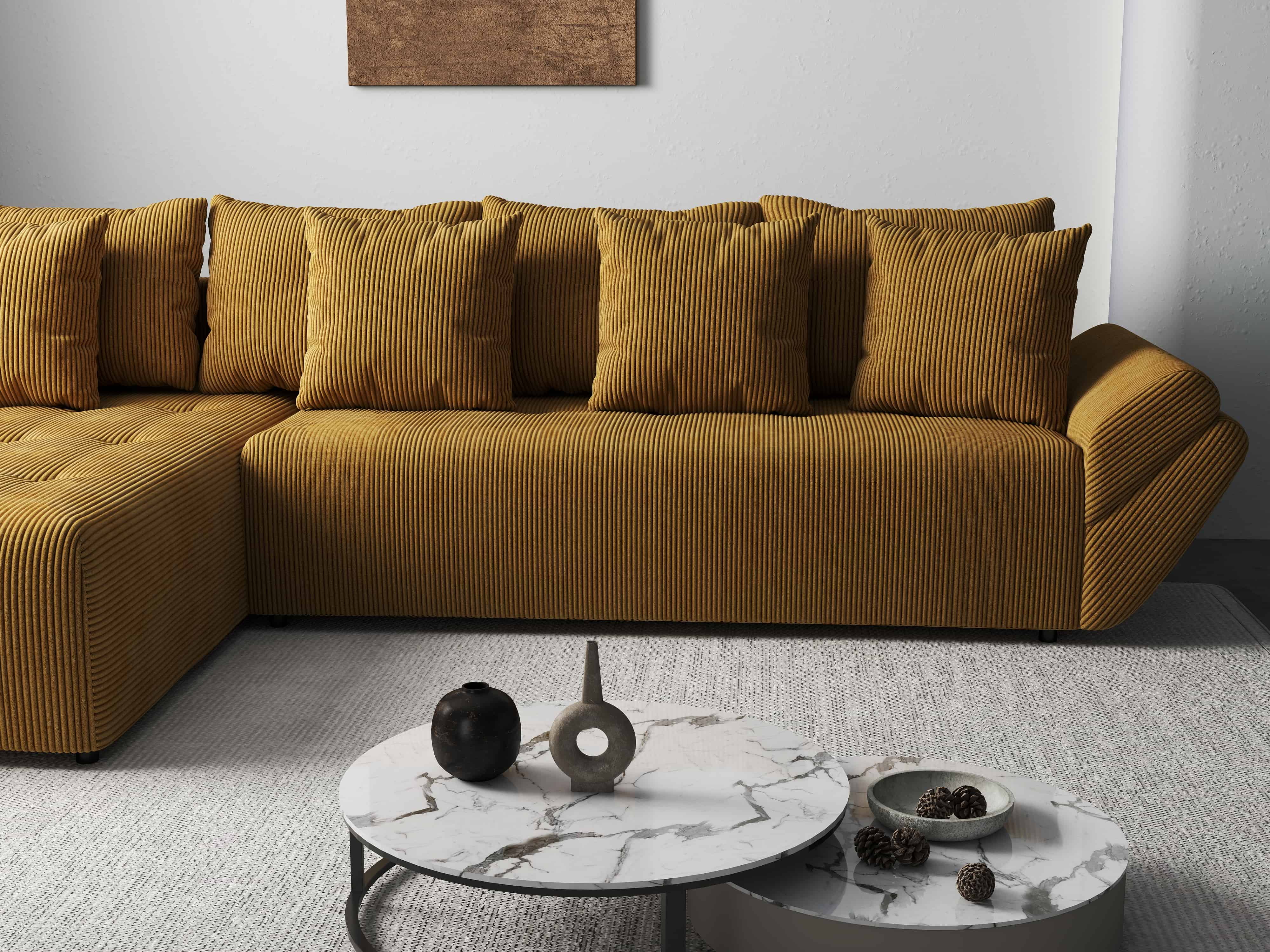 Colțar extensibil dumonde cu ladă de depozitare si sezut confortabil din spuma HR, Berlin XL Zoom Mustar 350x185 cm Fabrica