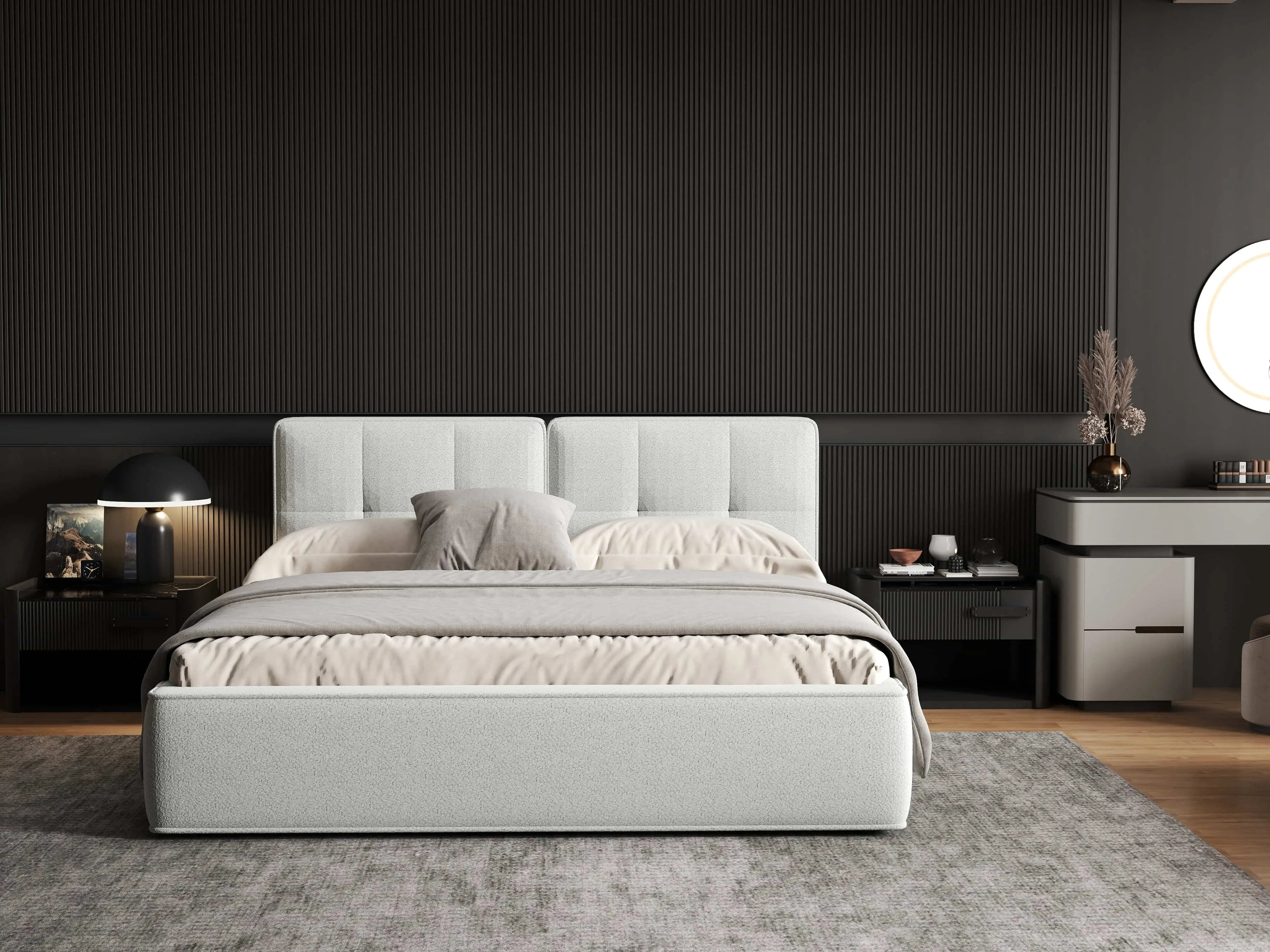 Pat dormitor dumonde, tapitat alb, Madrid 160x200 cm, somiera rabatabila inclusa, spatiu depozitare WLS