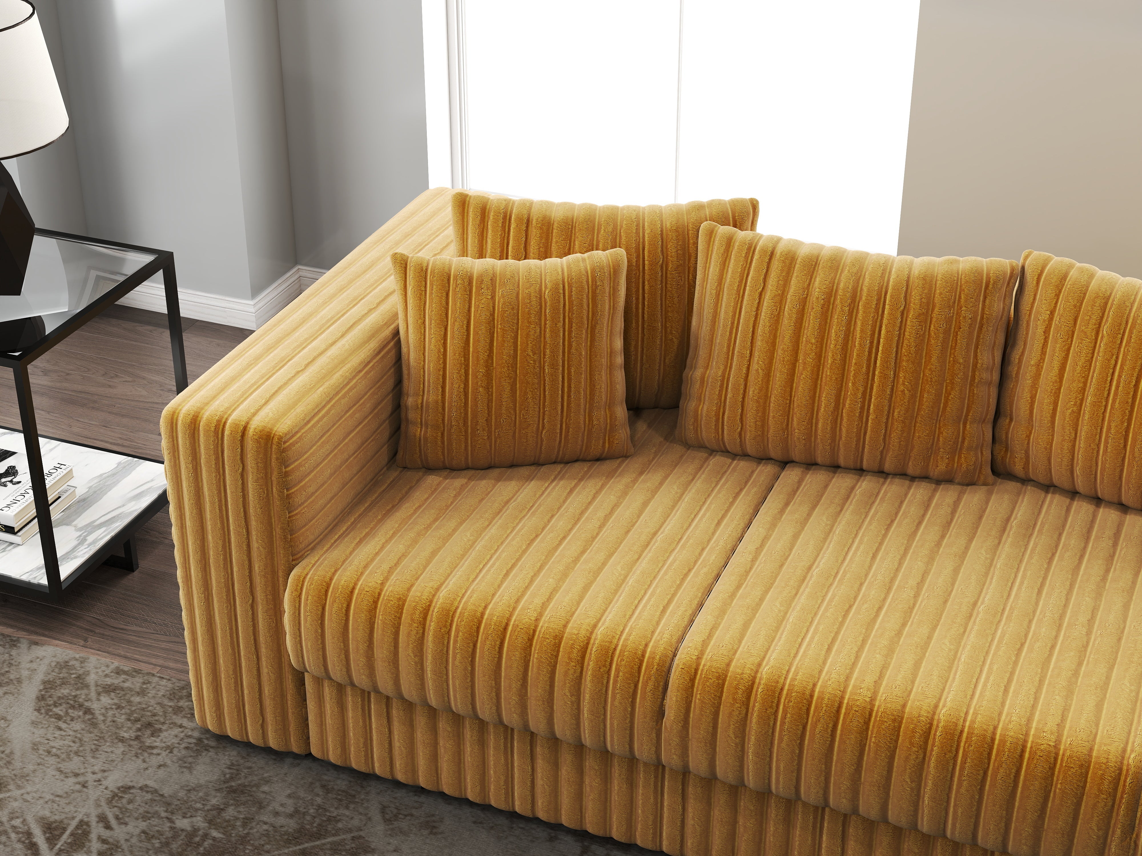 Canapea extensibilă dumonde cu ladă de depozitare si sezut confortabil din spuma HR, Gloria Ambience Mustar 240x100 cm Fabrica