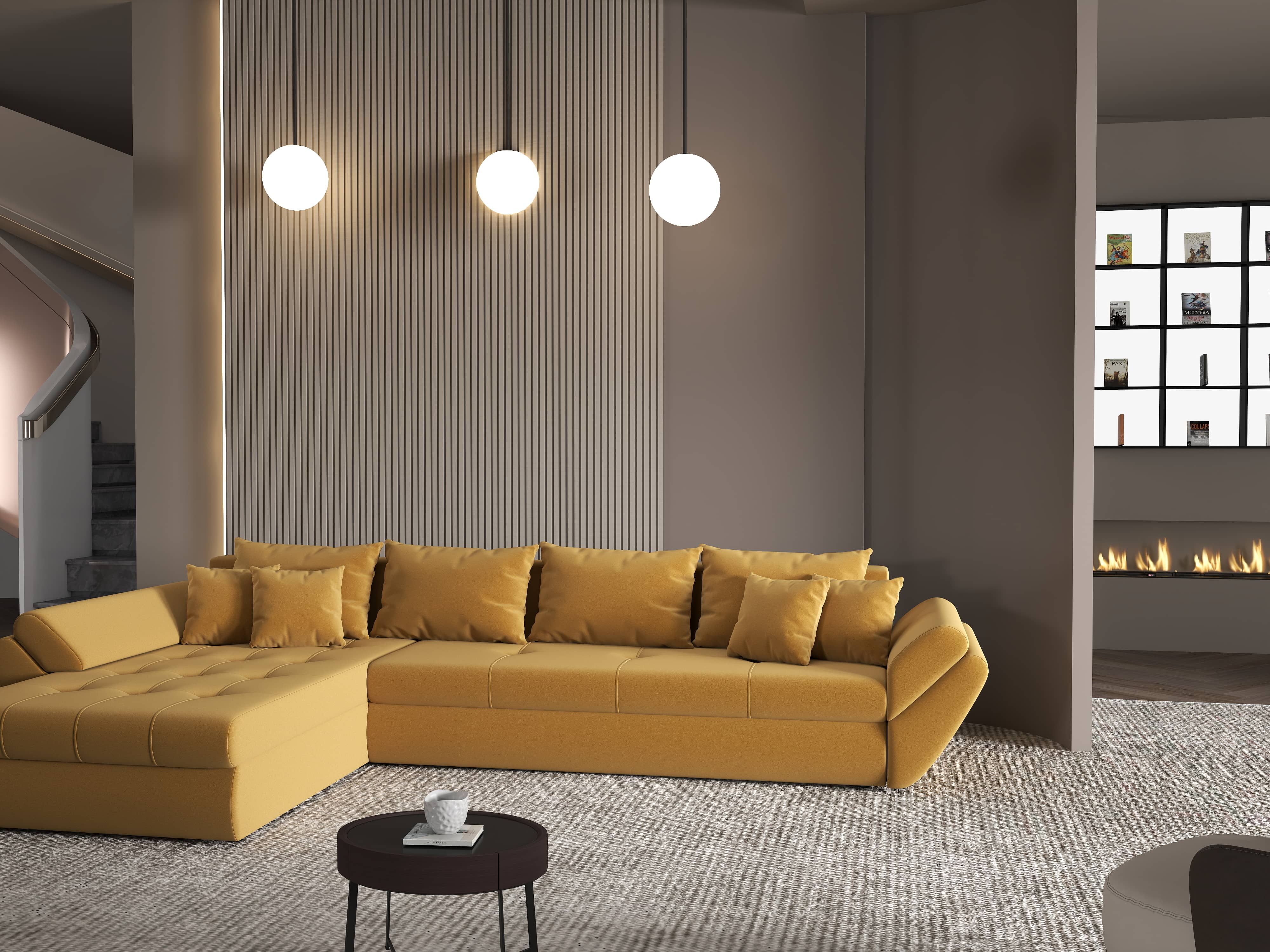 Colțar extensibil dumonde cu ladă de depozitare si sezut confortabil din spuma HR, Loana XL Royal Mustar 335x185 cm Fabrica