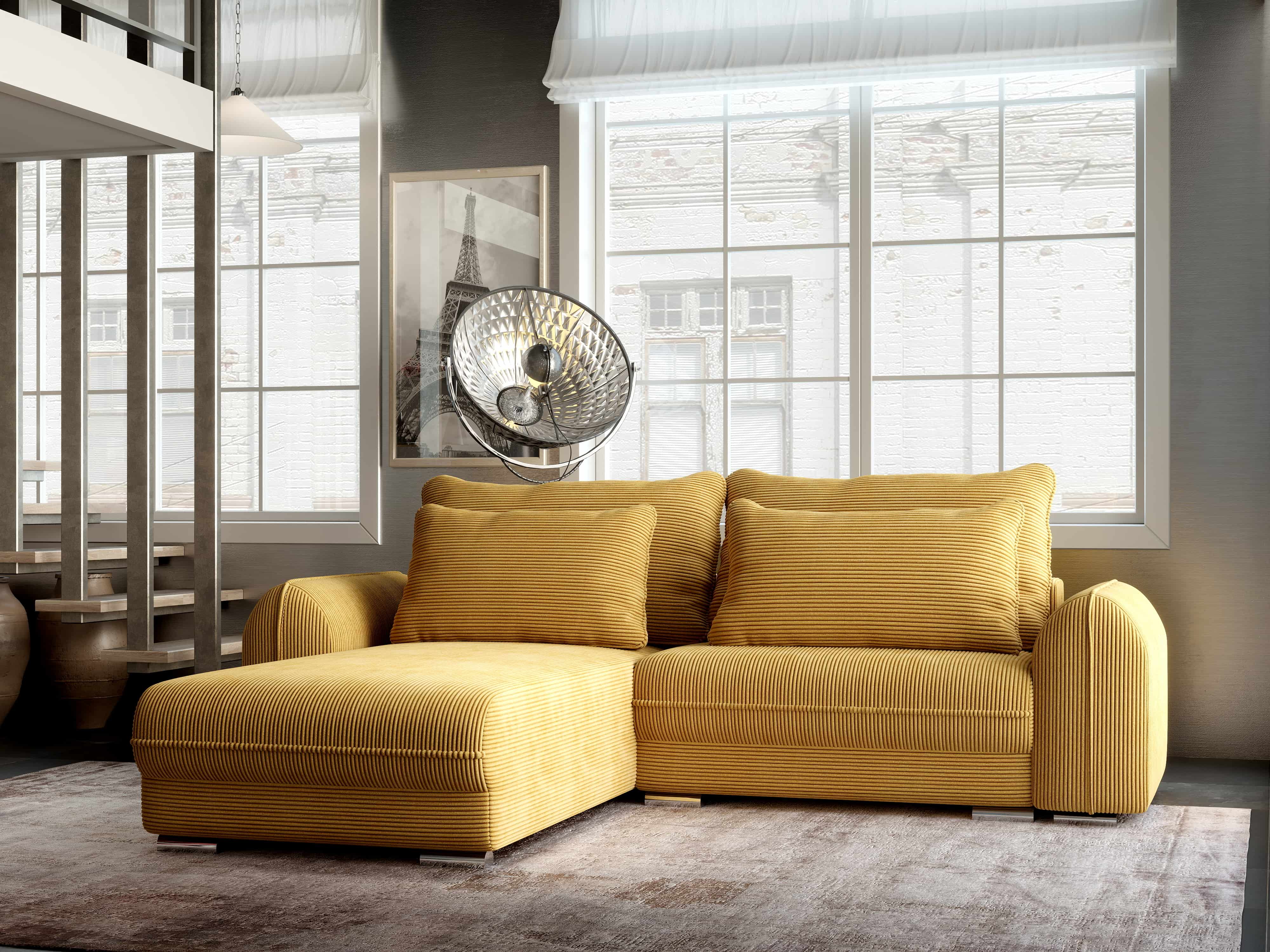 Colțar extensibil dumonde cu ladă de depozitare si sezut confortabil din spuma HR, Denver Zoom Mustar 275x185 cm Fabrica