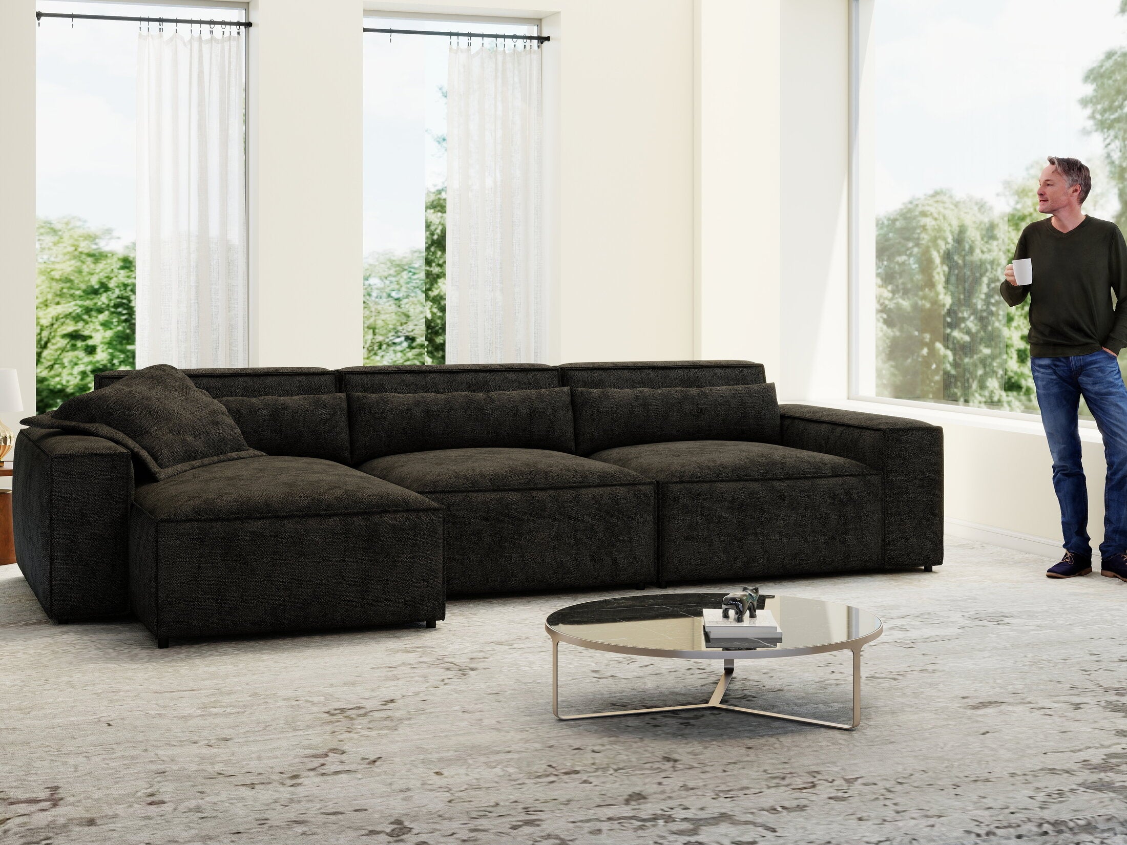 Colțar dumonde cu sezut confortabil din spuma HR, Marvelo XL Enjoy Black 366x175 cm