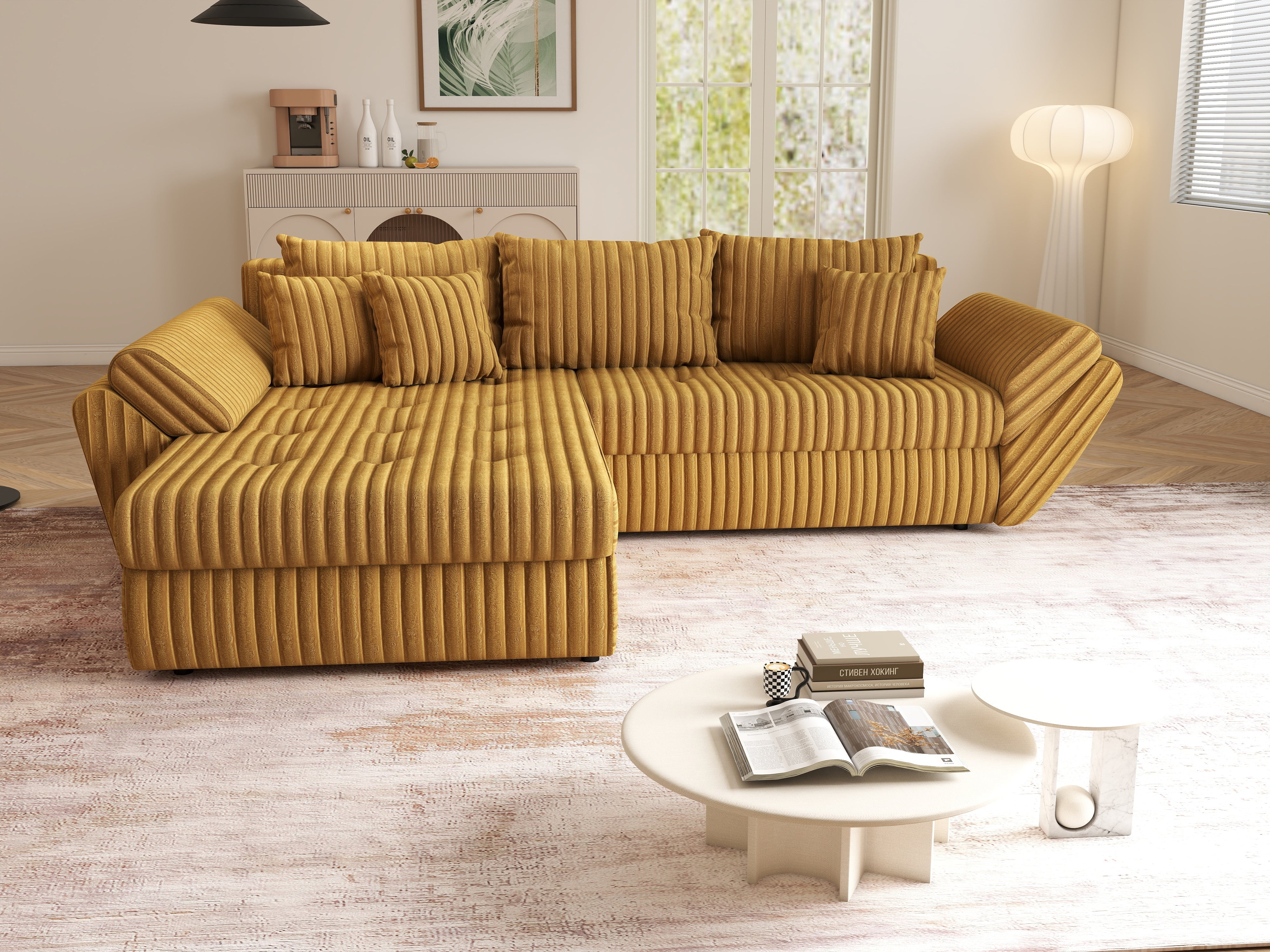 Colțar extensibil dumonde cu ladă de depozitare si sezut confortabil din spuma HR, Loana Ambience Mustar 270x185 cm Fabrica