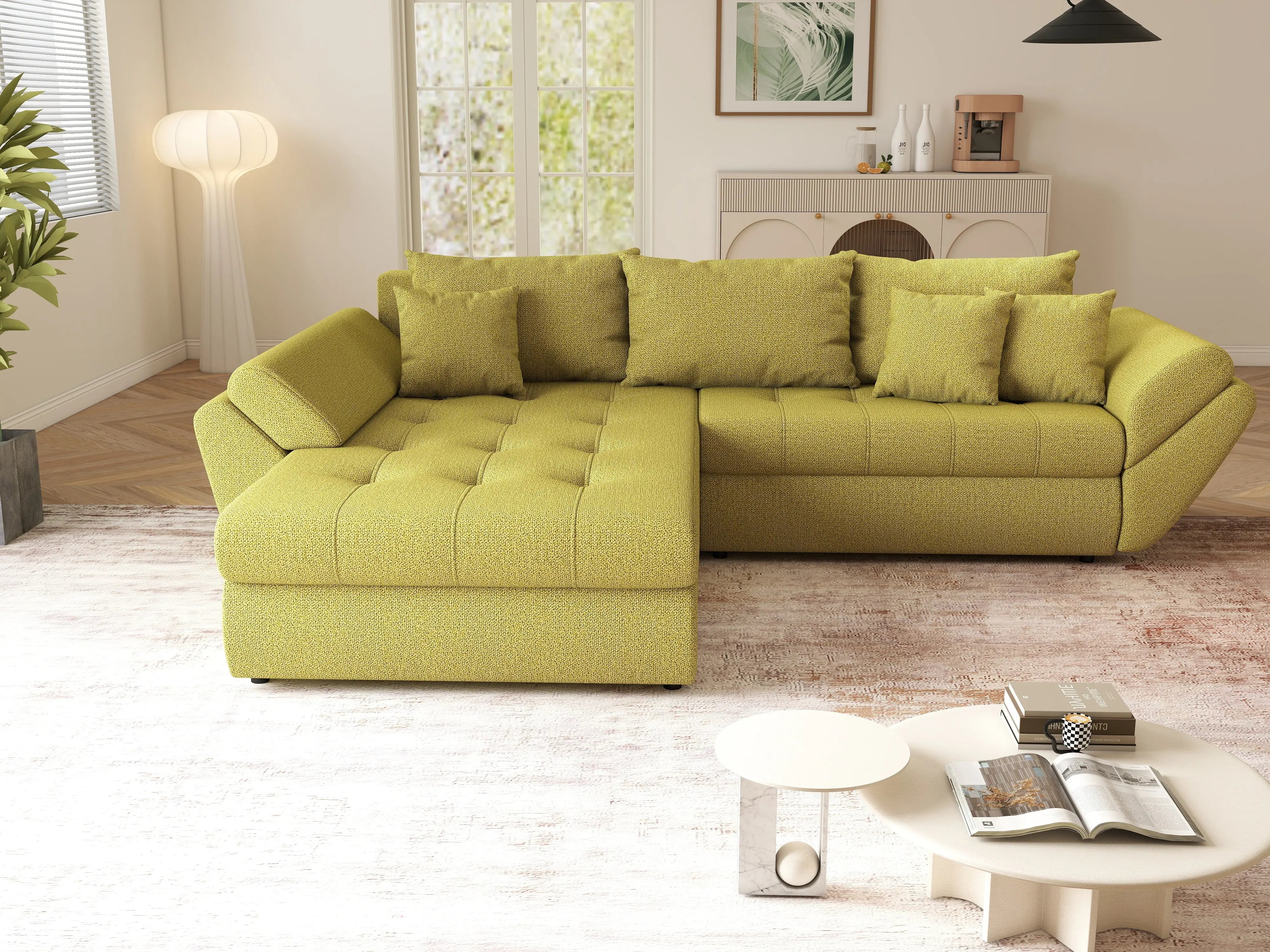 Colțar extensibil dumonde cu ladă de depozitare si sezut confortabil din spuma HR, Loana Green Lux 270x185 cm Fabrica