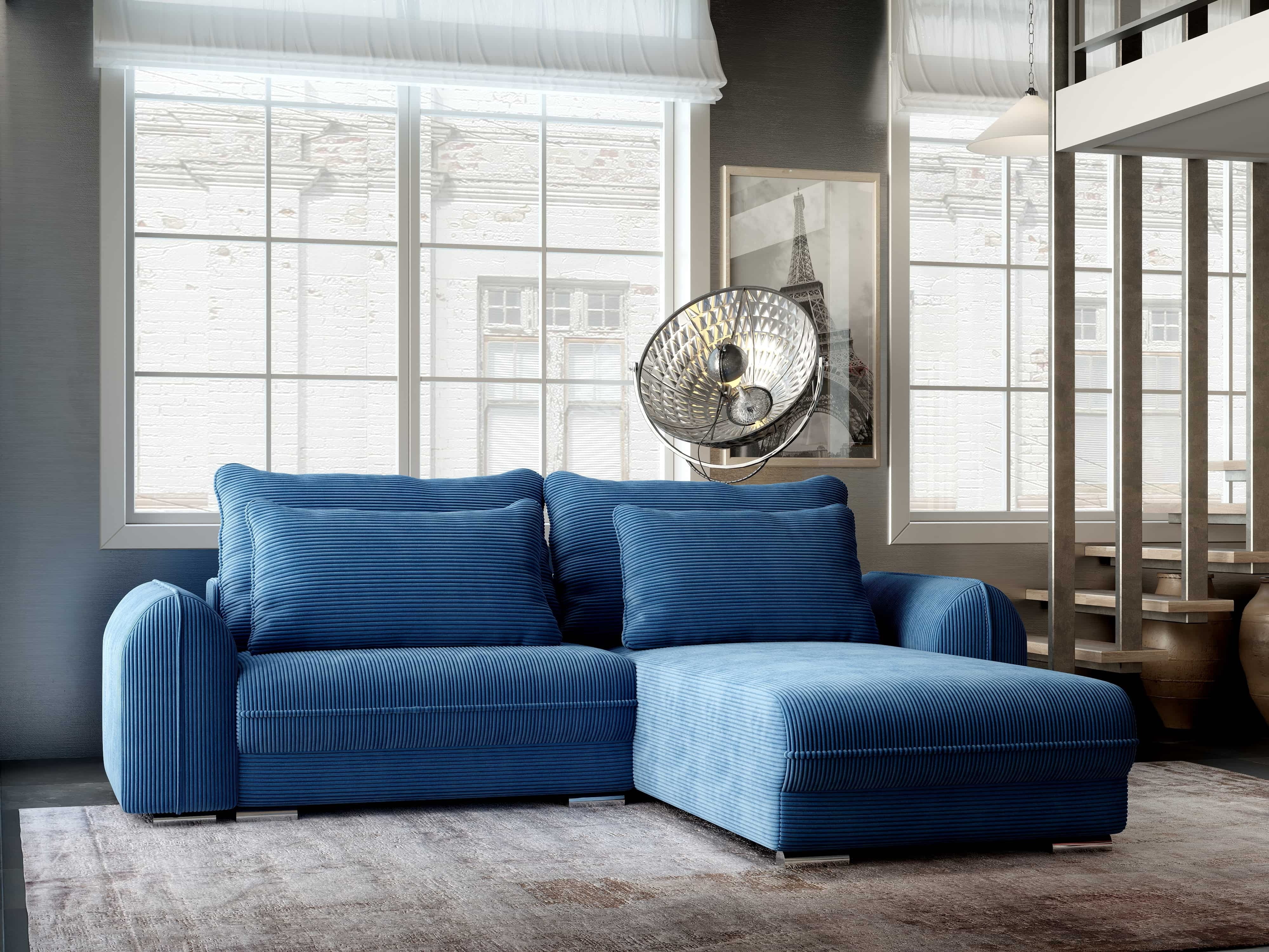 Colțar extensibil dumonde cu ladă de depozitare si sezut confortabil din spuma HR, Denver Zoom Albastru 275x185 cm II Fabrica