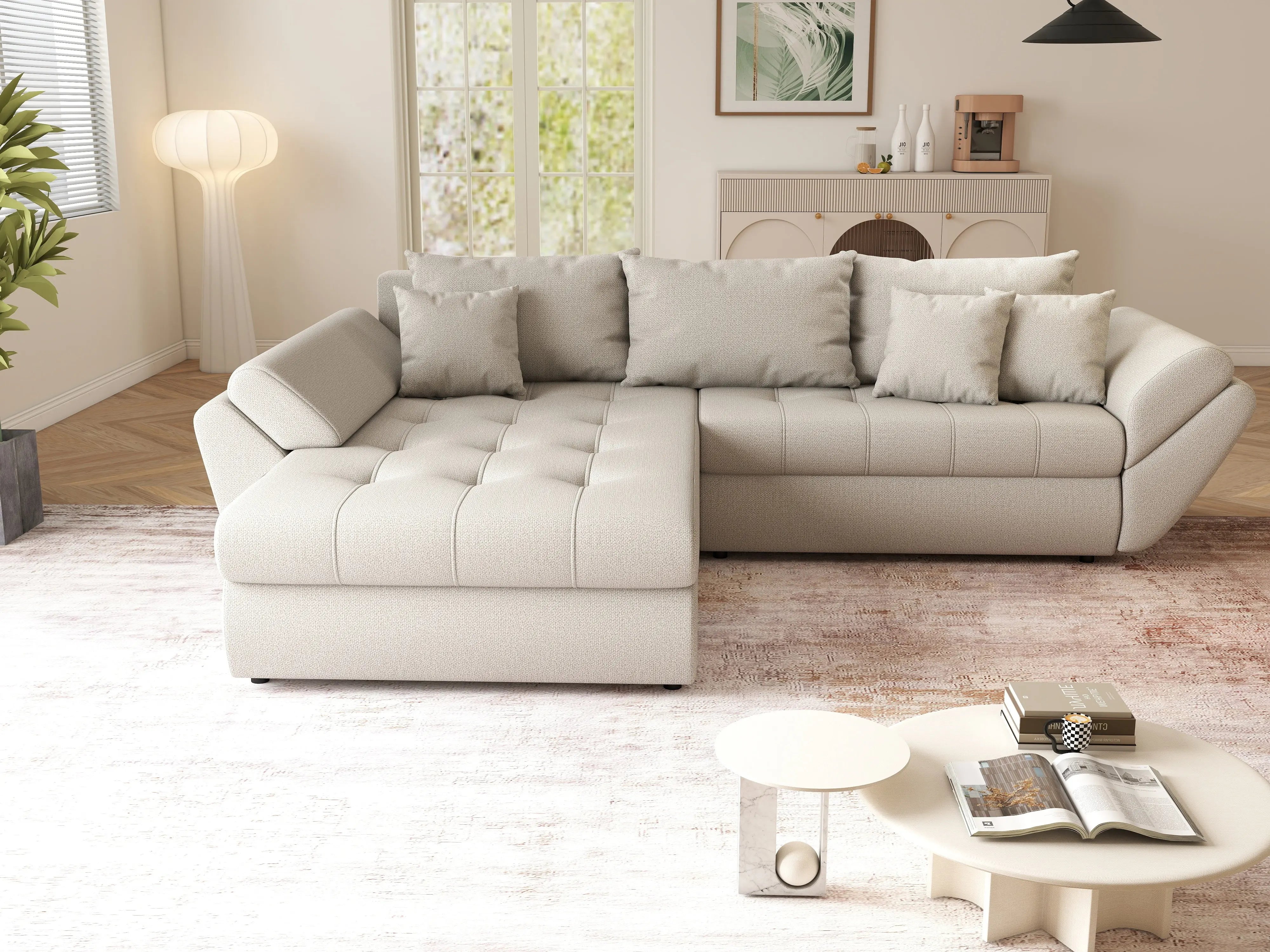 Colțar extensibil dumonde cu ladă de depozitare si sezut confortabil din spuma HR, Loana Bej 270x185 cm Fabrica