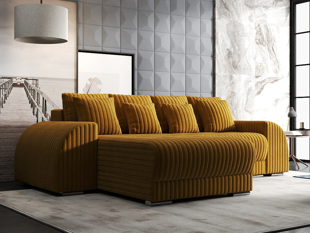 Colțar extensibil dumonde cu ladă de depozitare si sezut confortabil din spuma HR, Verona Ambience Mustar 290x185 cm Fabrica