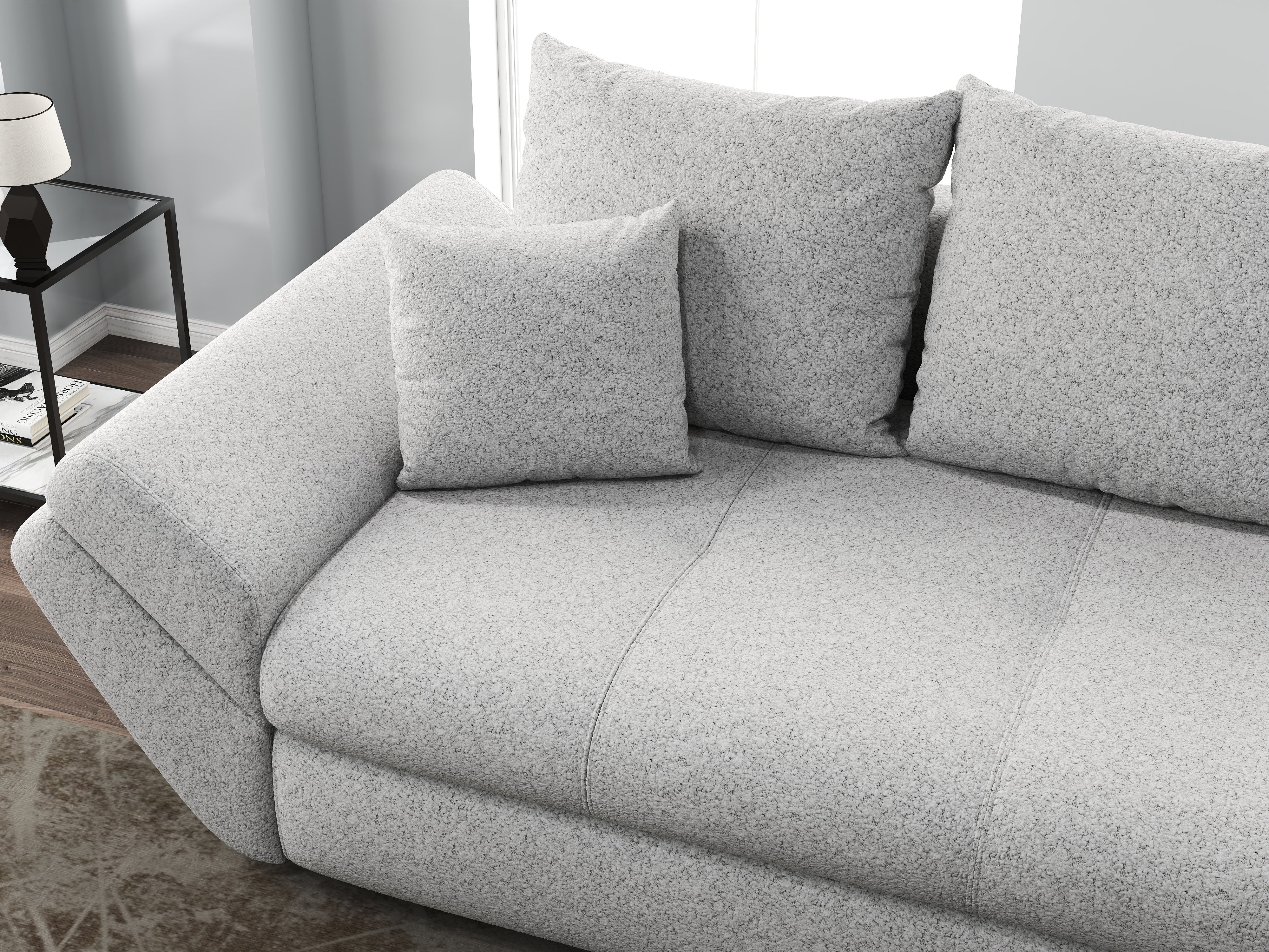 Canapea extensibilă dumonde cu ladă de depozitare si sezut confortabil din spuma HR, Loana Euphoria Dove 250x100 cm Fabrica