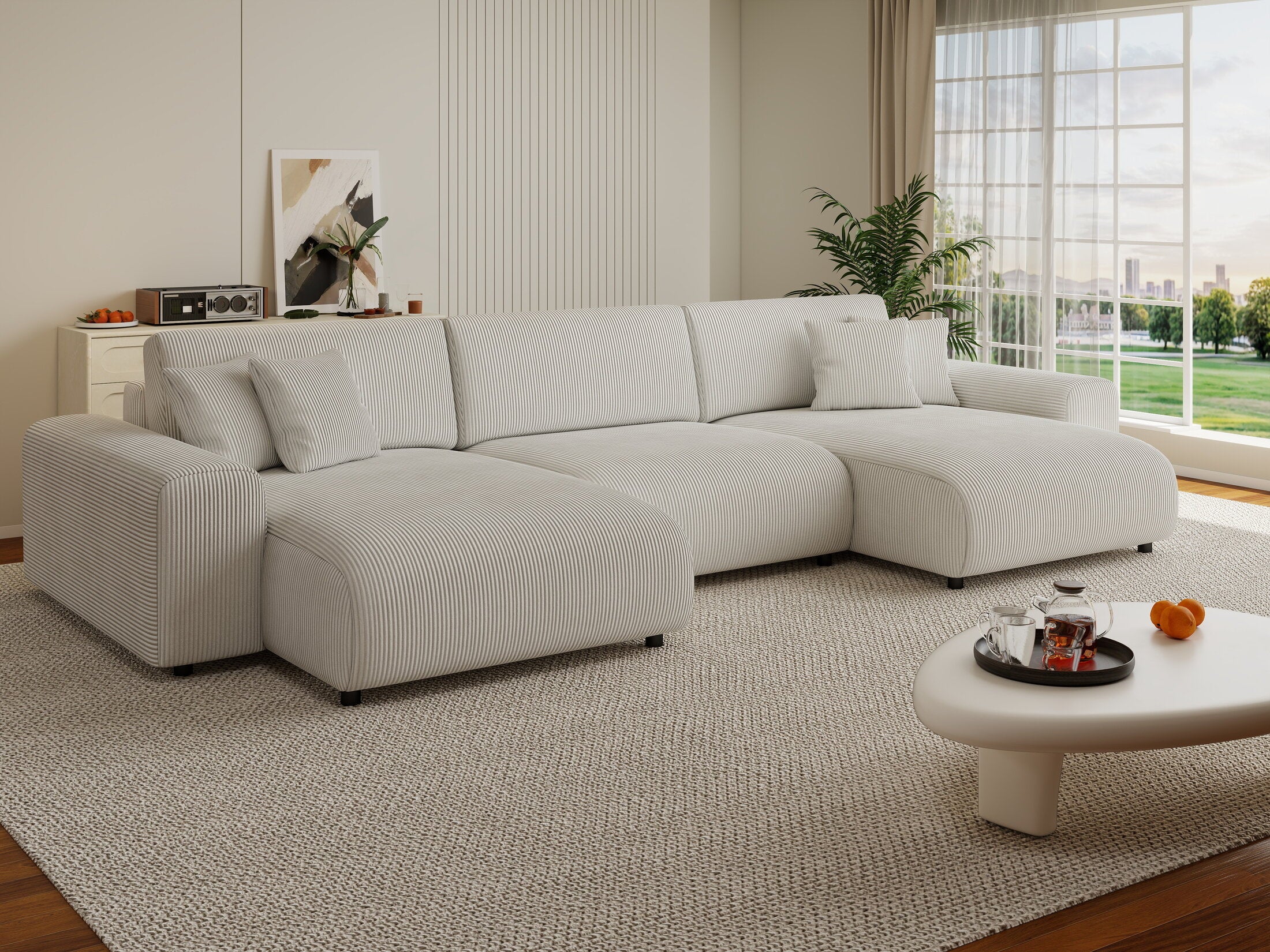 Colțar extensibil dumonde cu ladă de depozitare si sezut confortabil din spuma HR, Sarina U Zoom Gri 350x168 cm