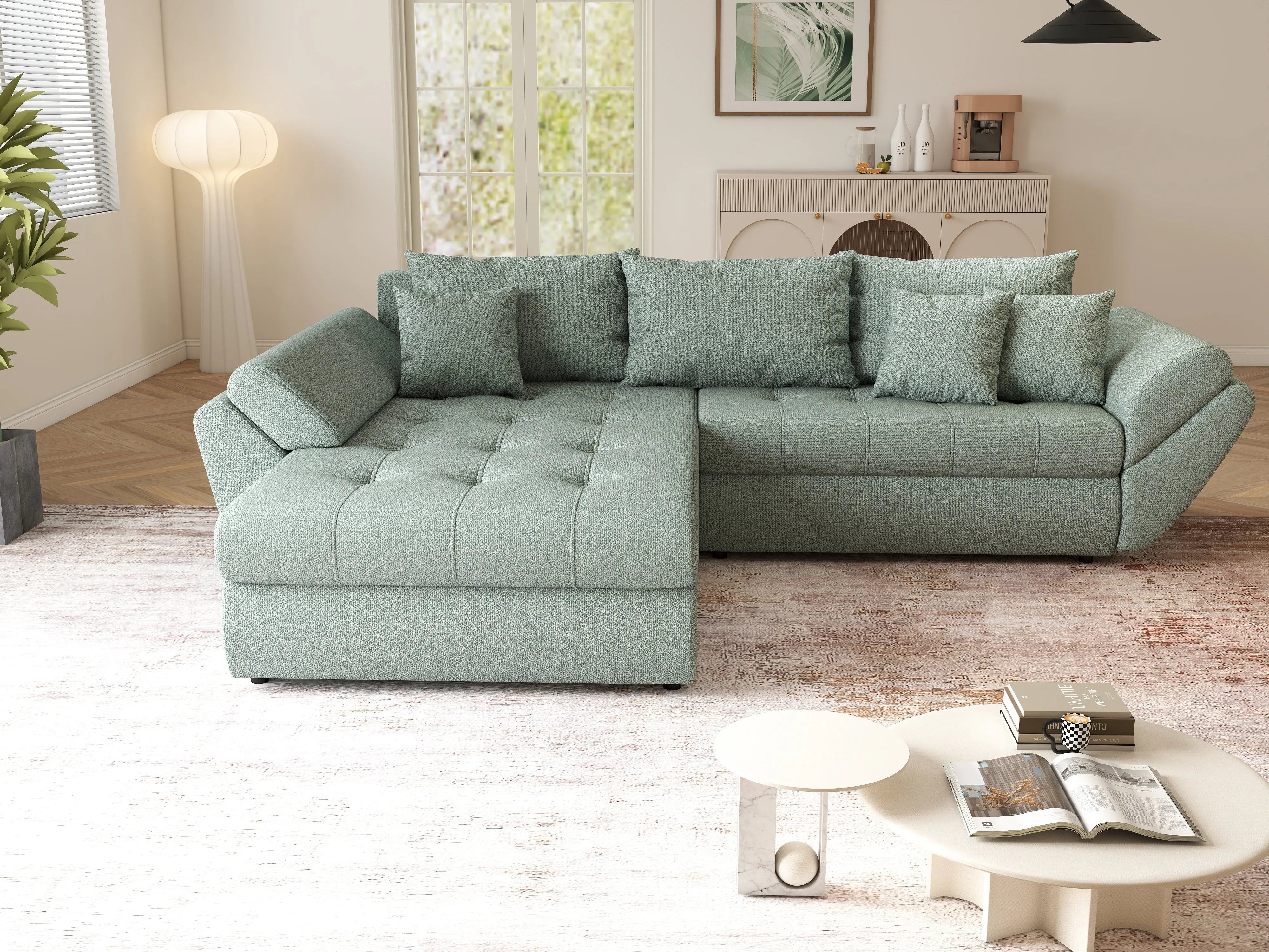 Colțar extensibil dumonde cu ladă de depozitare si sezut confortabil din spuma HR, Loana Mint 270x185 cm Fabrica