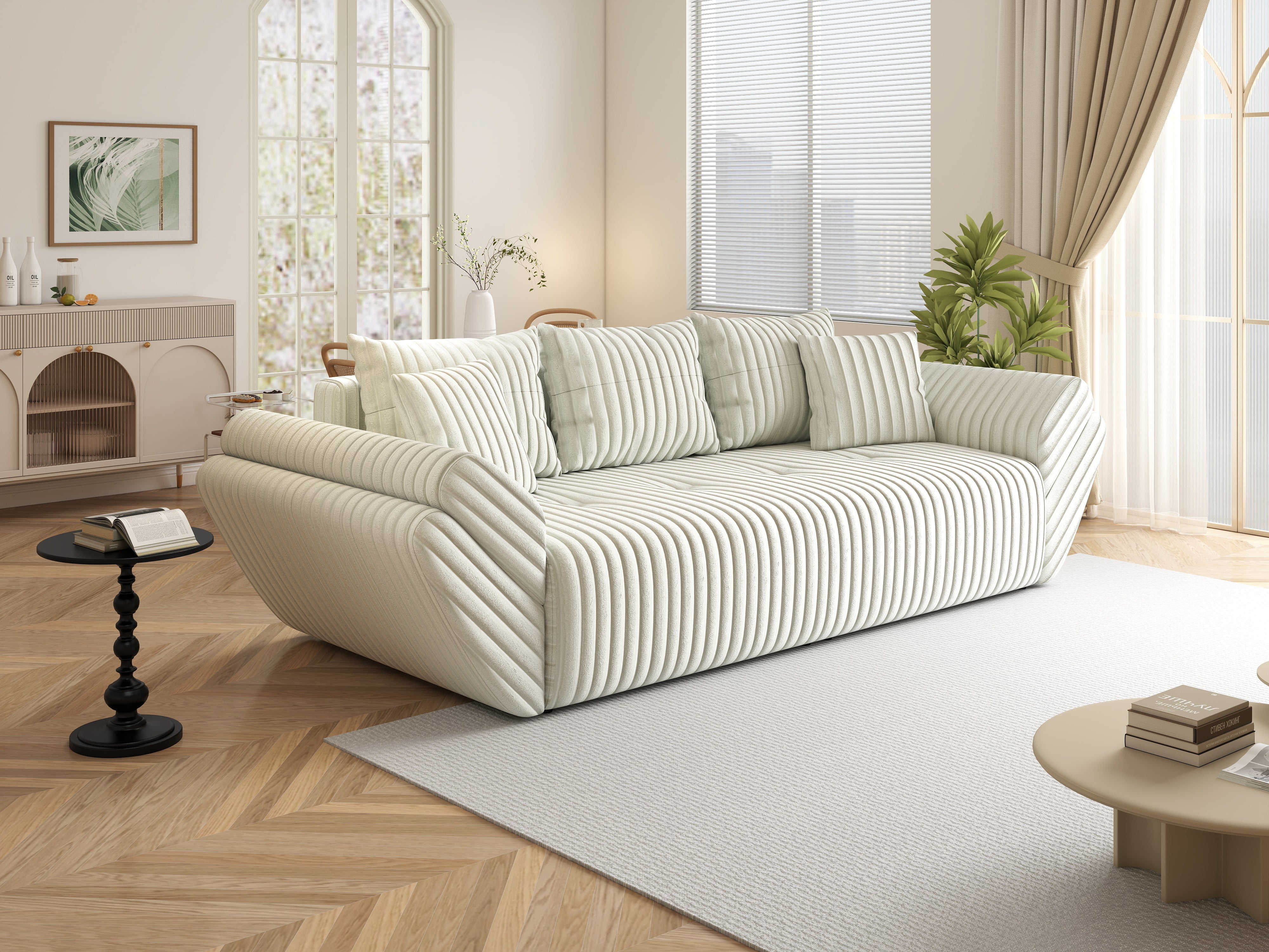 Canapea extensibilă dumonde cu ladă de depozitare si sezut confortabil din spuma HR, Berlin Ambience Ivory 250x100 cm Fabrica