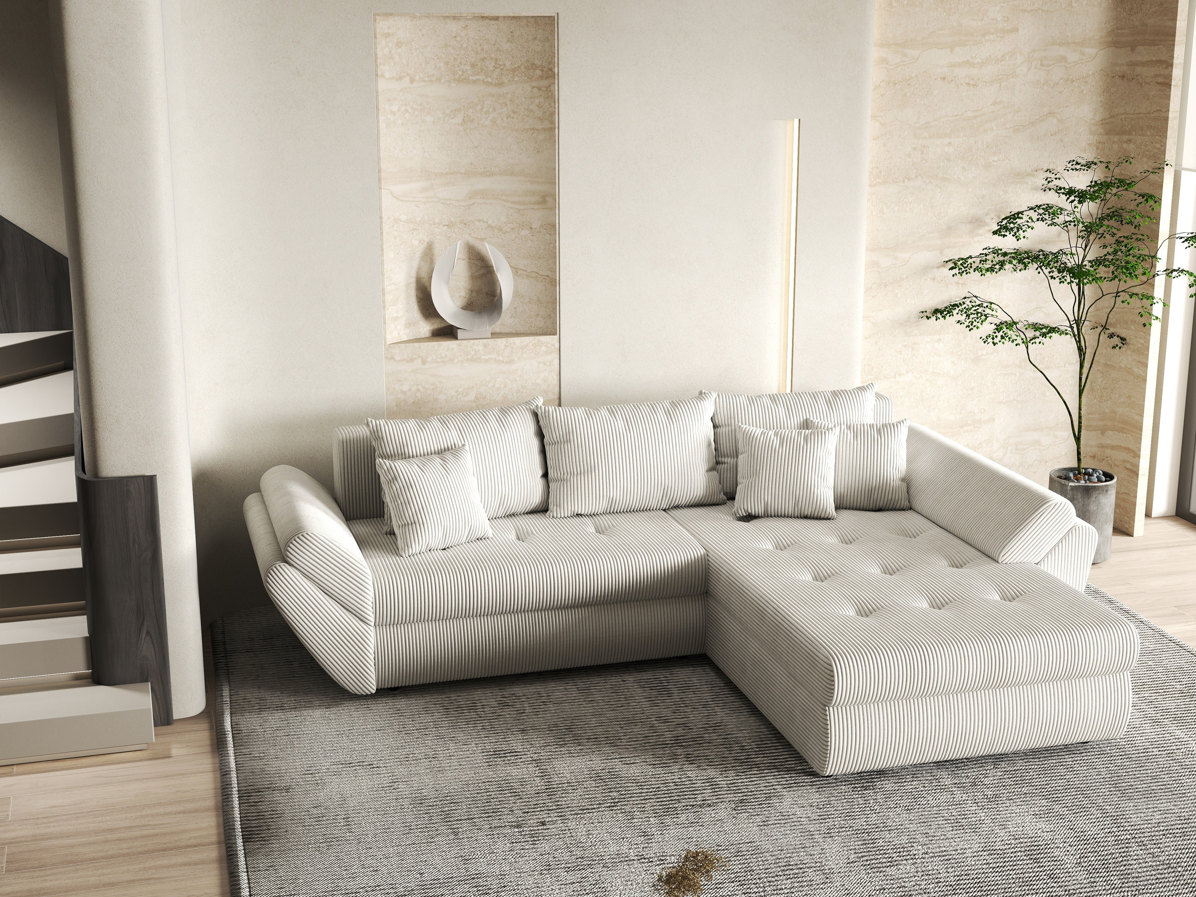 Colțar extensibil dumonde cu ladă de depozitare si sezut confortabil din spuma HR, Loana Zoom Crem II 270x185 cm Fabrica