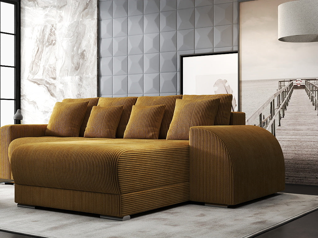 Colțar extensibil dumonde cu ladă de depozitare si sezut confortabil din spuma HR, Verona Zoom Mustar II 290x185 cm Fabrica