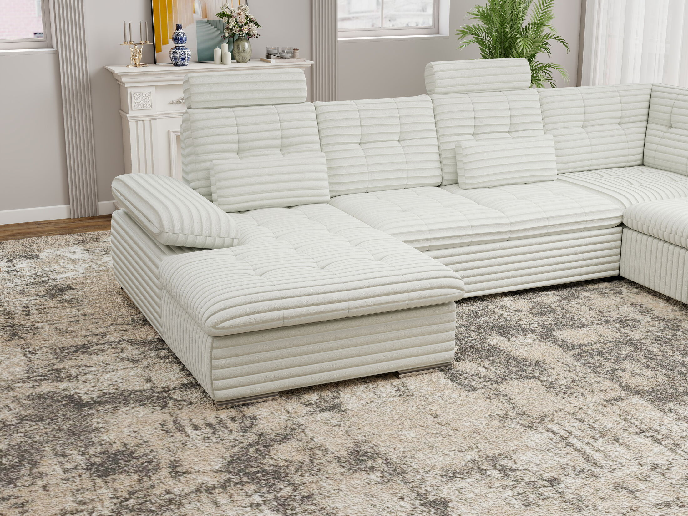 Colțar extensibil dumonde cu ladă de depozitare și șezut confortabil din spumă HR, Merkur U Ambience Alb 324x218 cm