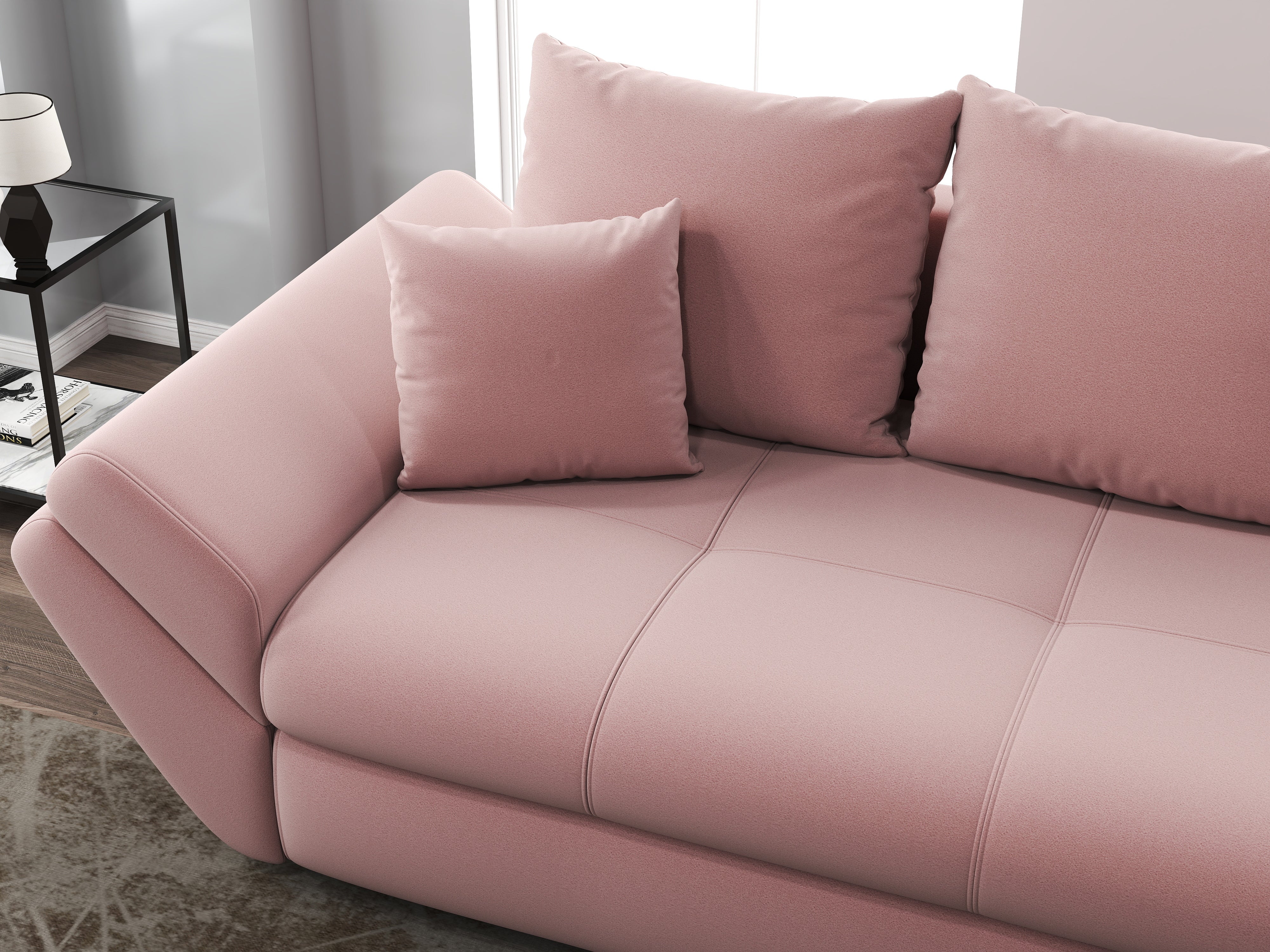 Canapea extensibilă dumonde cu ladă de depozitare si sezut confortabil din spuma HR, Loana Royal Pink 250x100 cm Fabrica