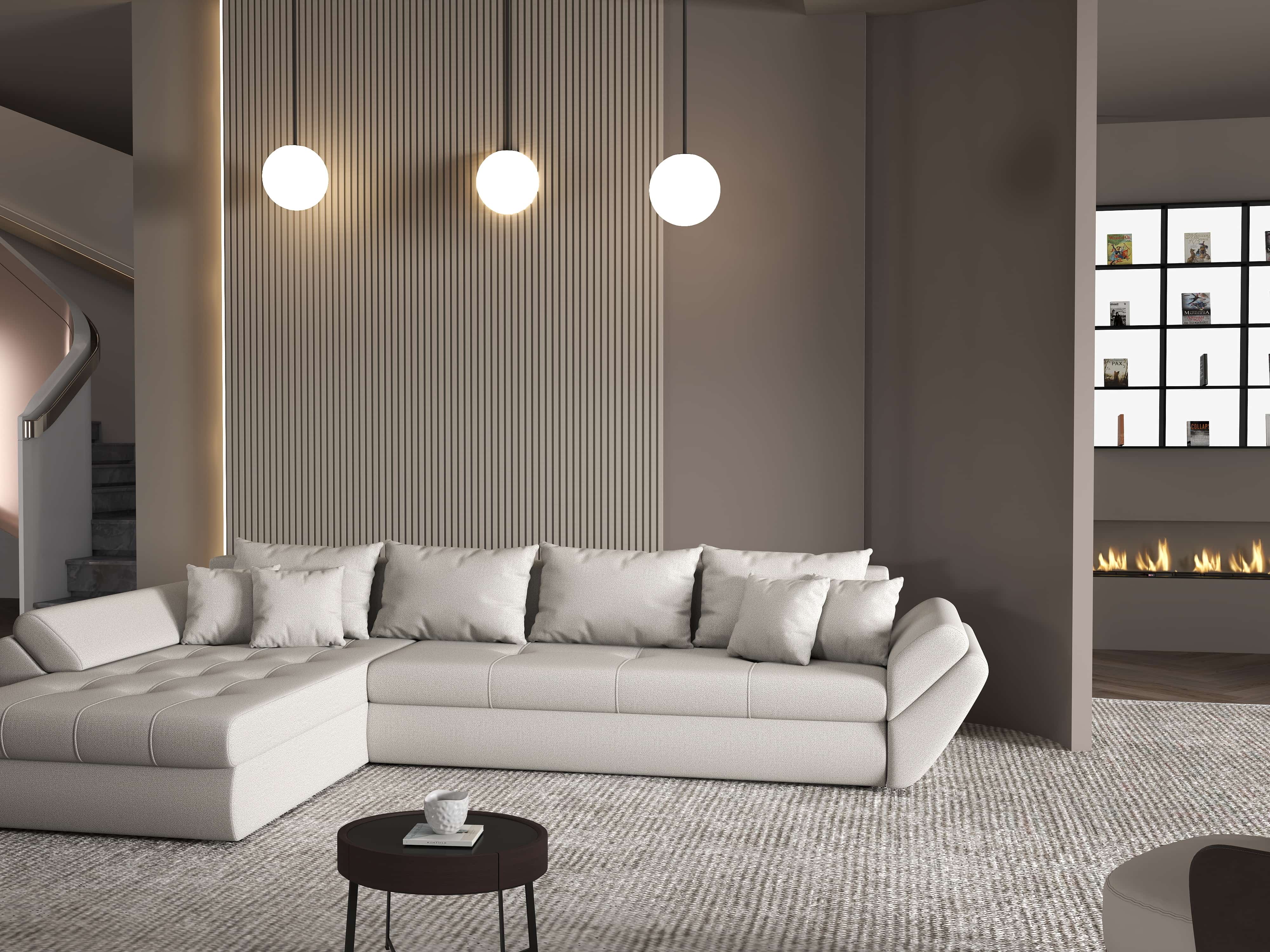 Colțar extensibil dumonde cu ladă de depozitare si sezut confortabil din spuma HR, Loana XL Enjoy Beige 335x185 cm Fabrica