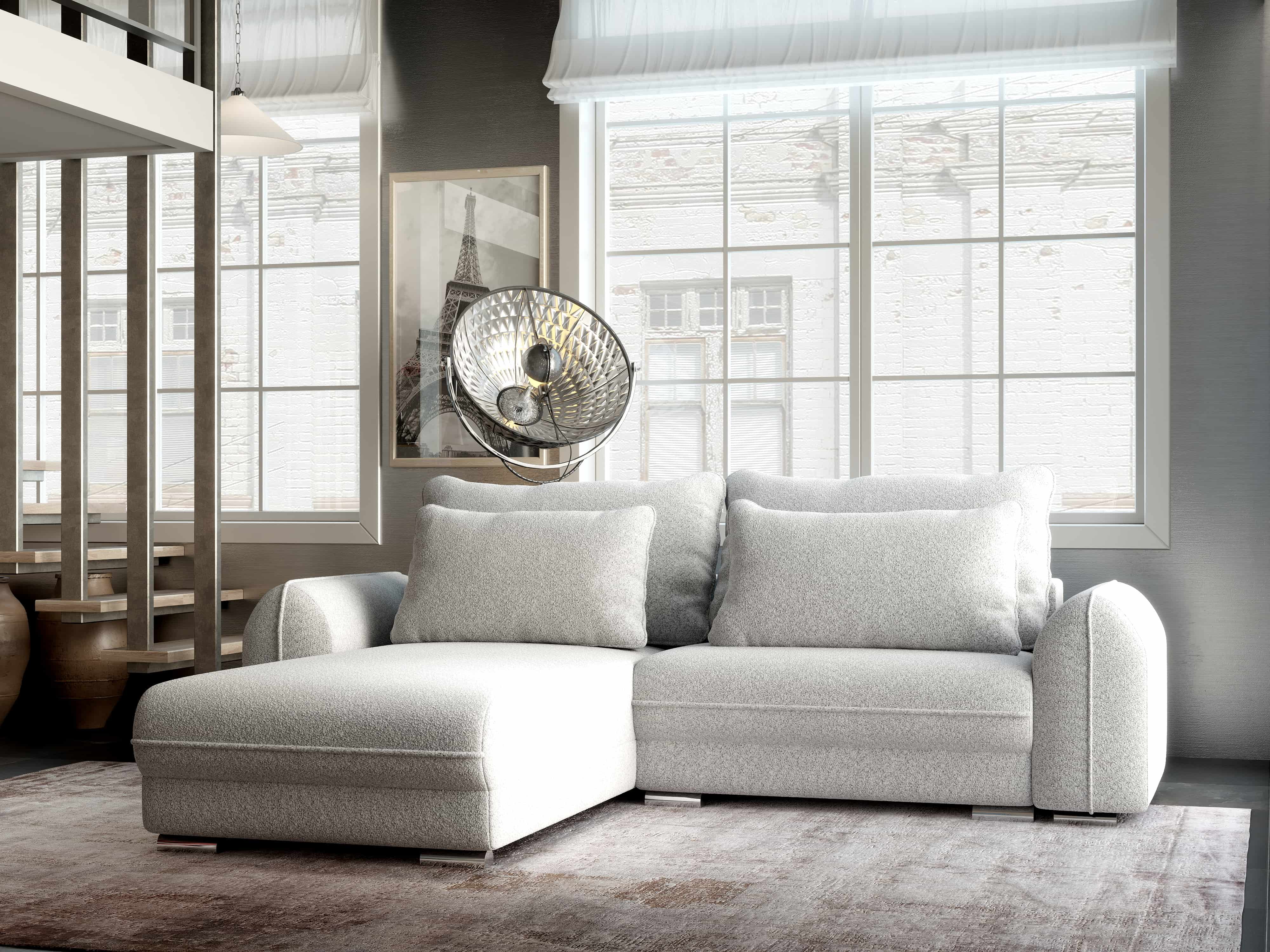 Colțar extensibil dumonde cu ladă de depozitare si sezut confortabil din spuma HR, Denver Euphoria Dove 275x185 cm Fabrica