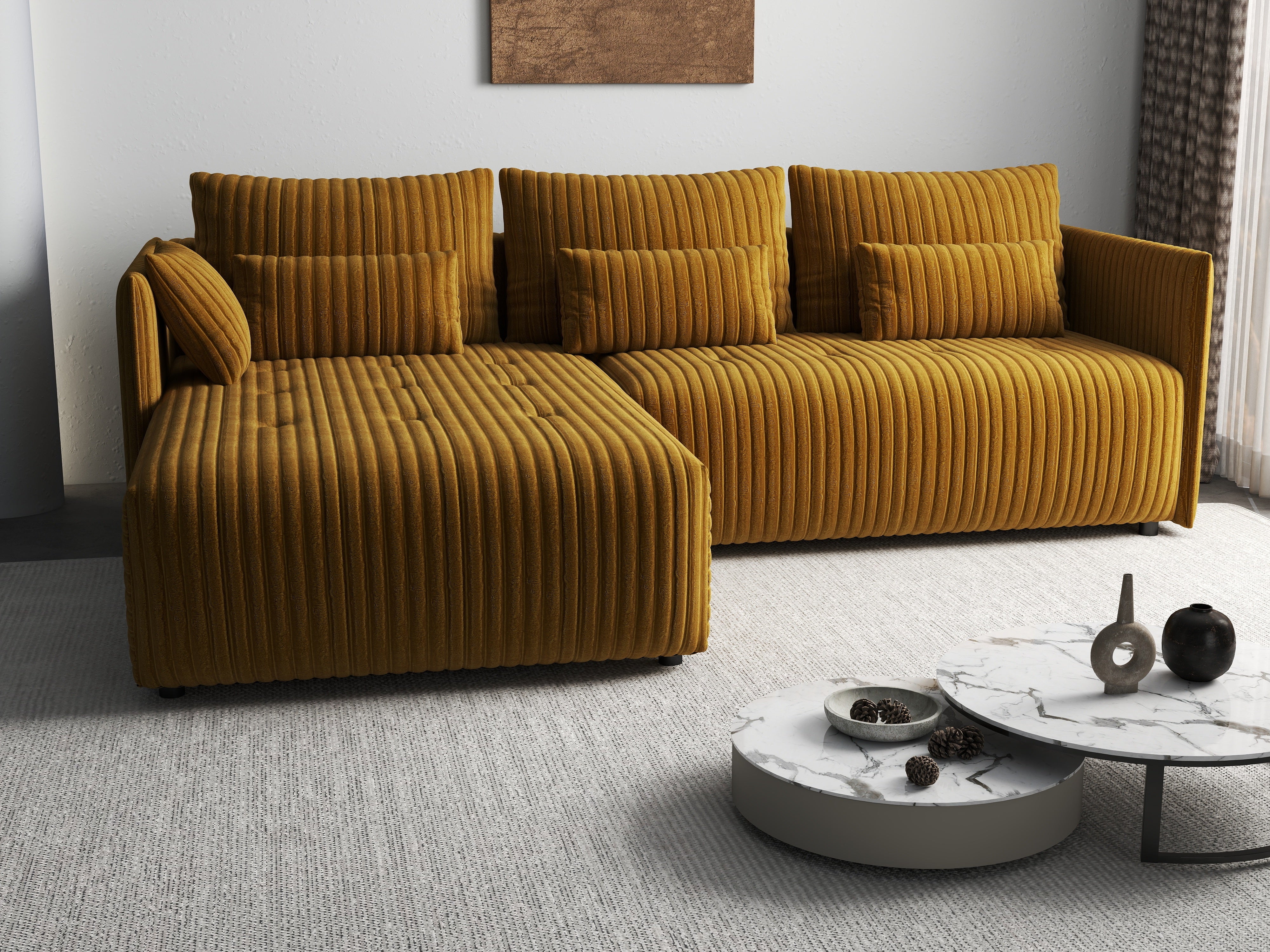 Colțar extensibil dumonde cu ladă de depozitare si sezut confortabil din spuma HR, Malta Ambience Mustard 235x185 cm Fabrica