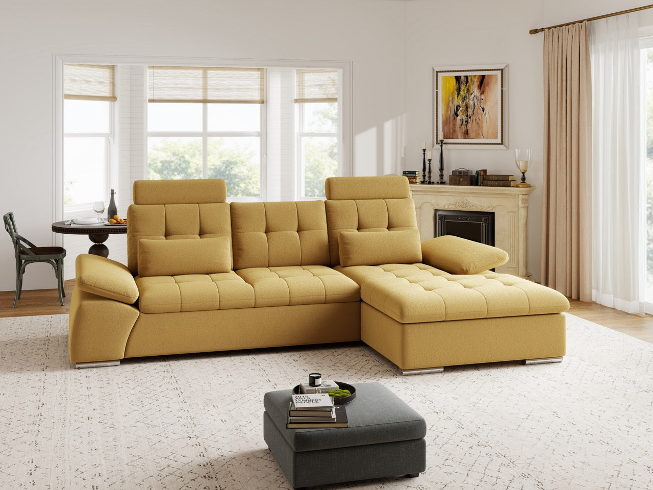 Colțar extensibil dumonde cu ladă de depozitare și șezut confortabil din spumă HR, Merkur Royal Mustar 270x168 cm II