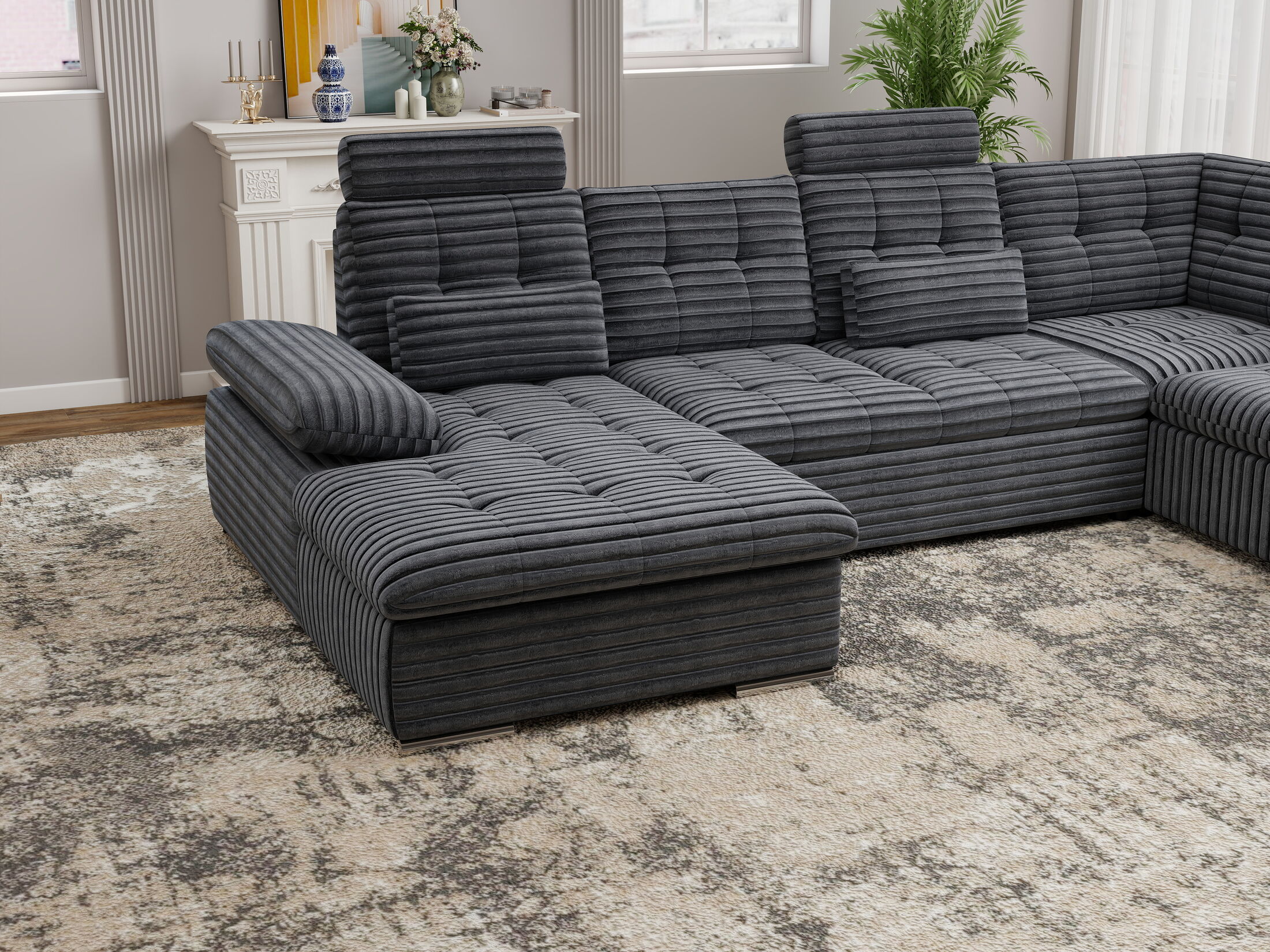 Colțar extensibil dumonde cu ladă de depozitare și șezut confortabil din spumă HR, Merkur U Ambience Gri 324x218 cm