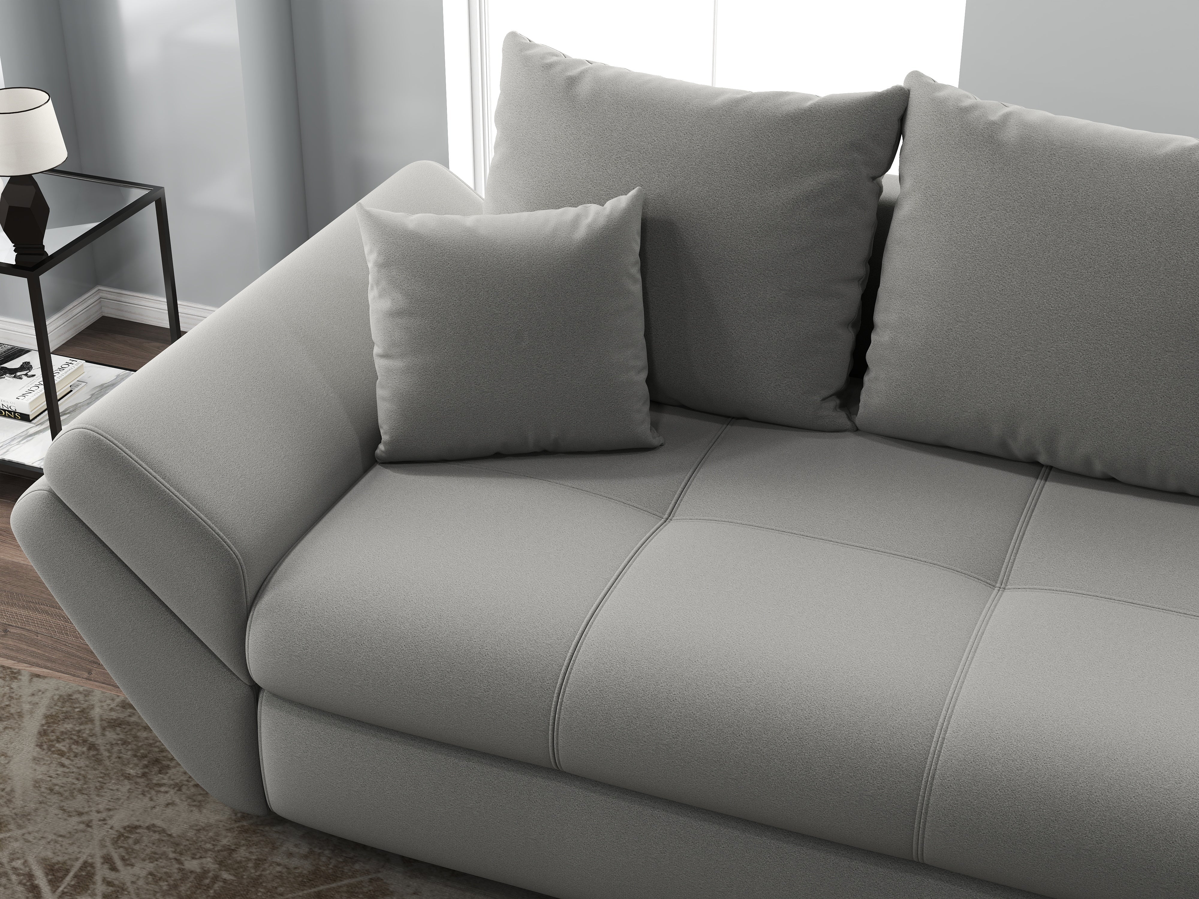 Canapea extensibilă dumonde cu ladă de depozitare si sezut confortabil din spuma HR, Loana Royal Grey 250x100 cm Fabrica