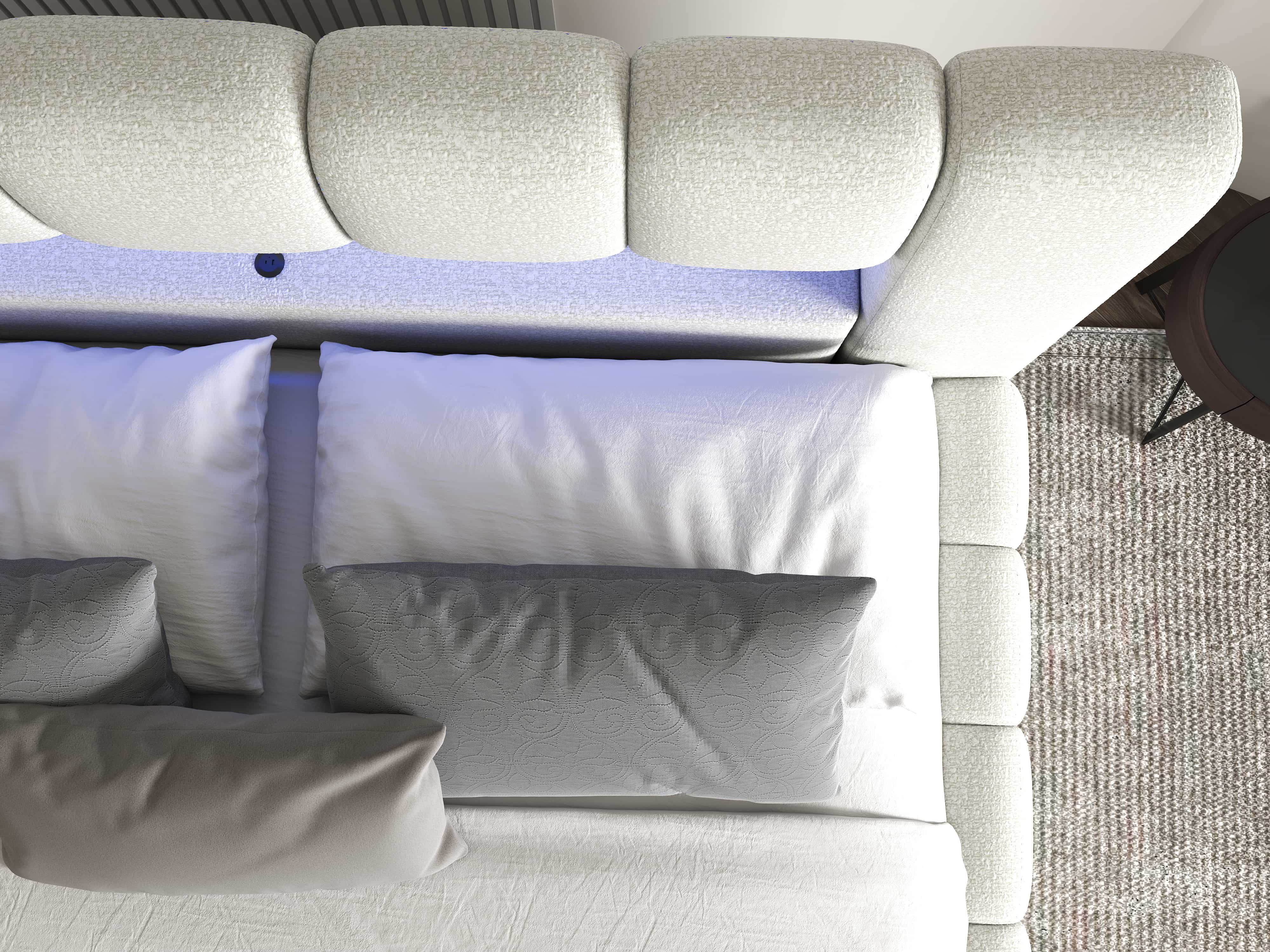 Pat dormitor dumonde, tapitat bej cu LED si USB, Palermo 160x200 cm, somiera rabatabila inclusa, spatiu depozitare WLS