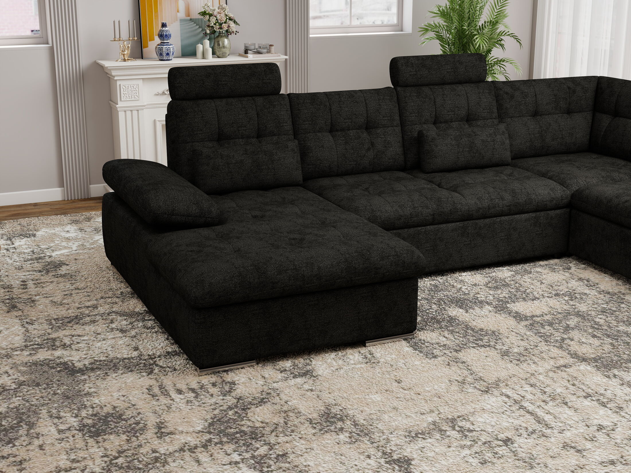 Colțar extensibil dumonde cu ladă de depozitare și șezut confortabil din spumă HR, Merkur U Enjoy Negru 324x218 cm