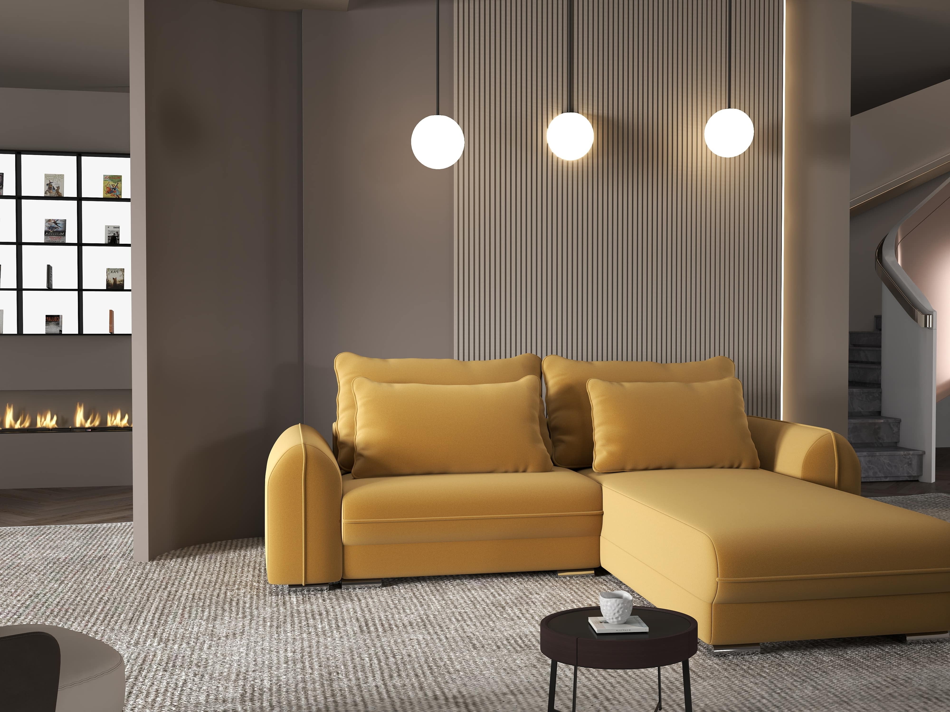 Colțar extensibil dumonde cu ladă de depozitare si sezut confortabil din spuma HR, Denver Royal Mustar 275x185 cm II Fabrica