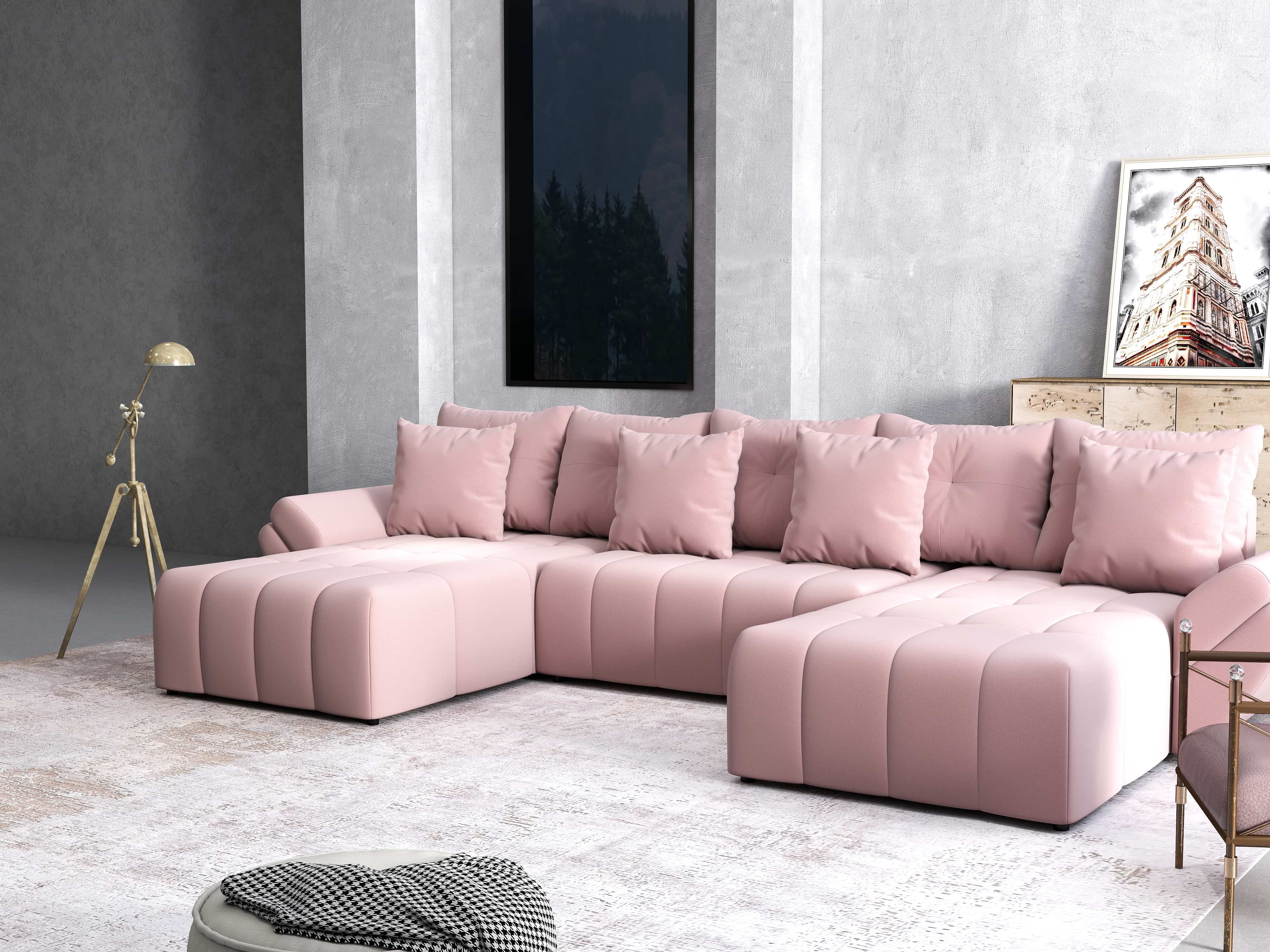 Colțar extensibil dumonde cu ladă de depozitare si sezut confortabil din spuma HR, Berlin U Royal Roz 380x180 cm Fabrica