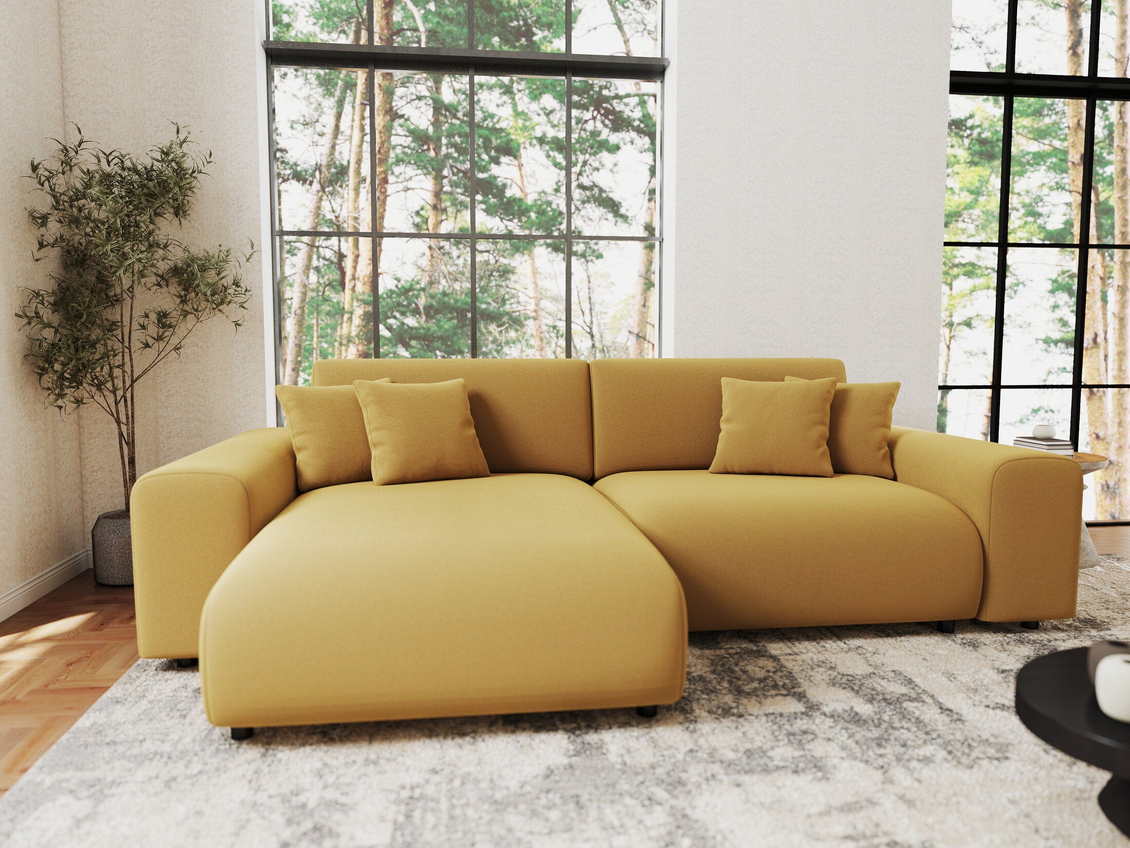 Colțar extensibil dumonde cu ladă de depozitare si sezut confortabil din spuma HR, Sarina Royal Mustar 255x168 cm