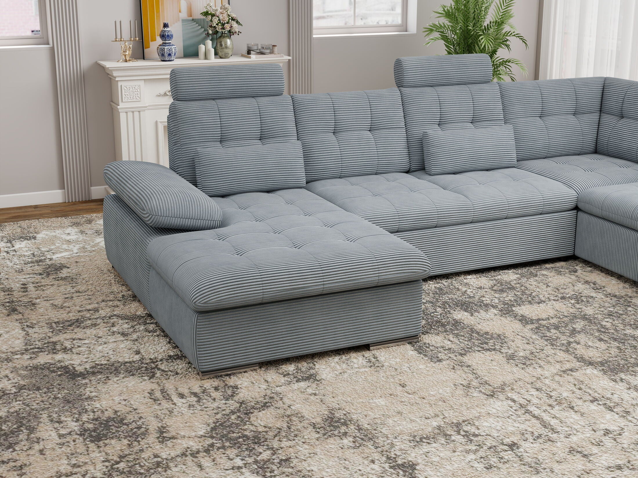 Colțar extensibil dumonde cu ladă de depozitare și șezut confortabil din spumă HR, Merkur U Zoom Gri Mint 324x218 cm