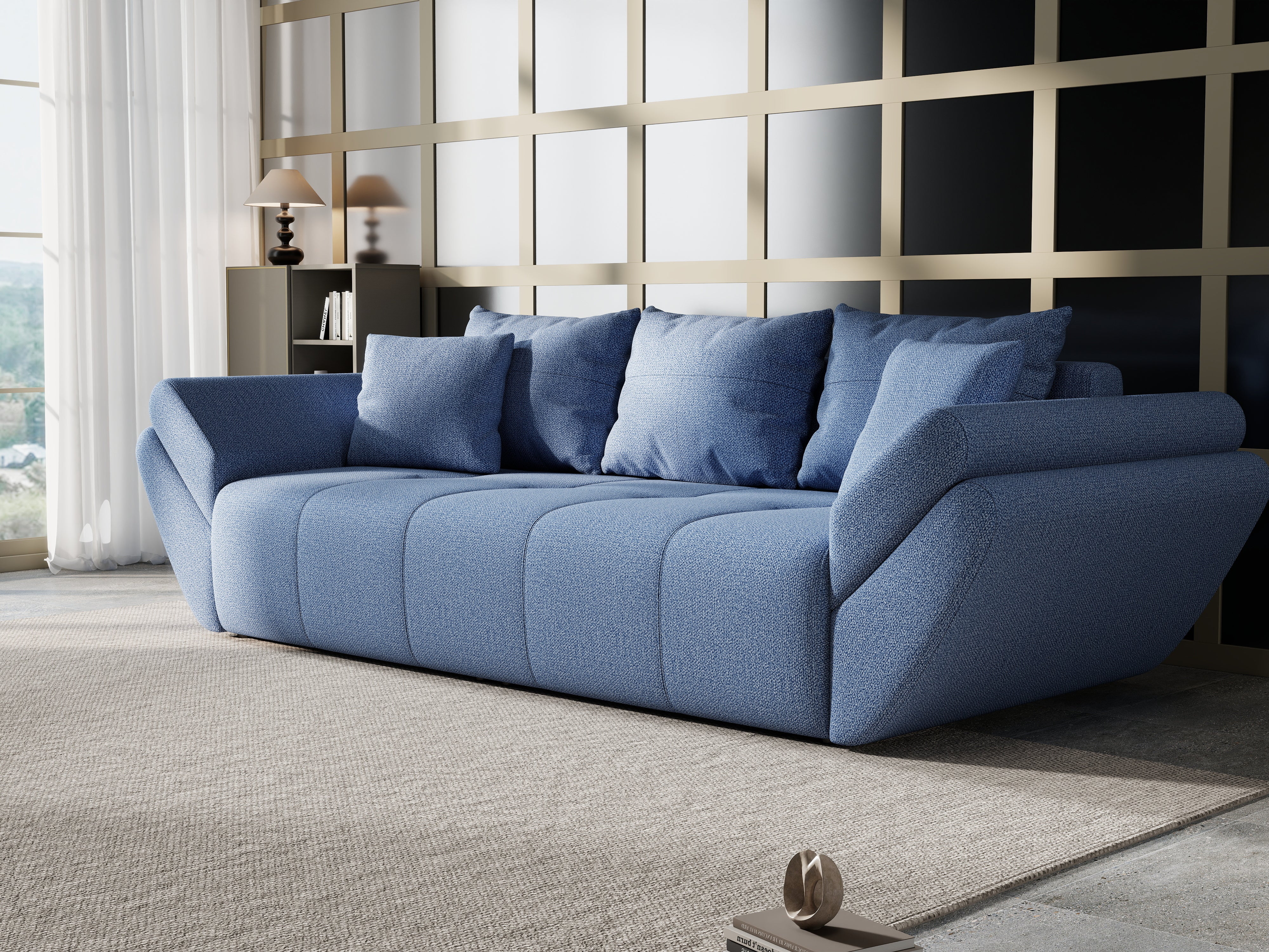 Canapea extensibilă dumonde cu ladă de depozitare si sezut confortabil din spuma HR, Berlin Enjoy Blue 250x100 cm Fabrica