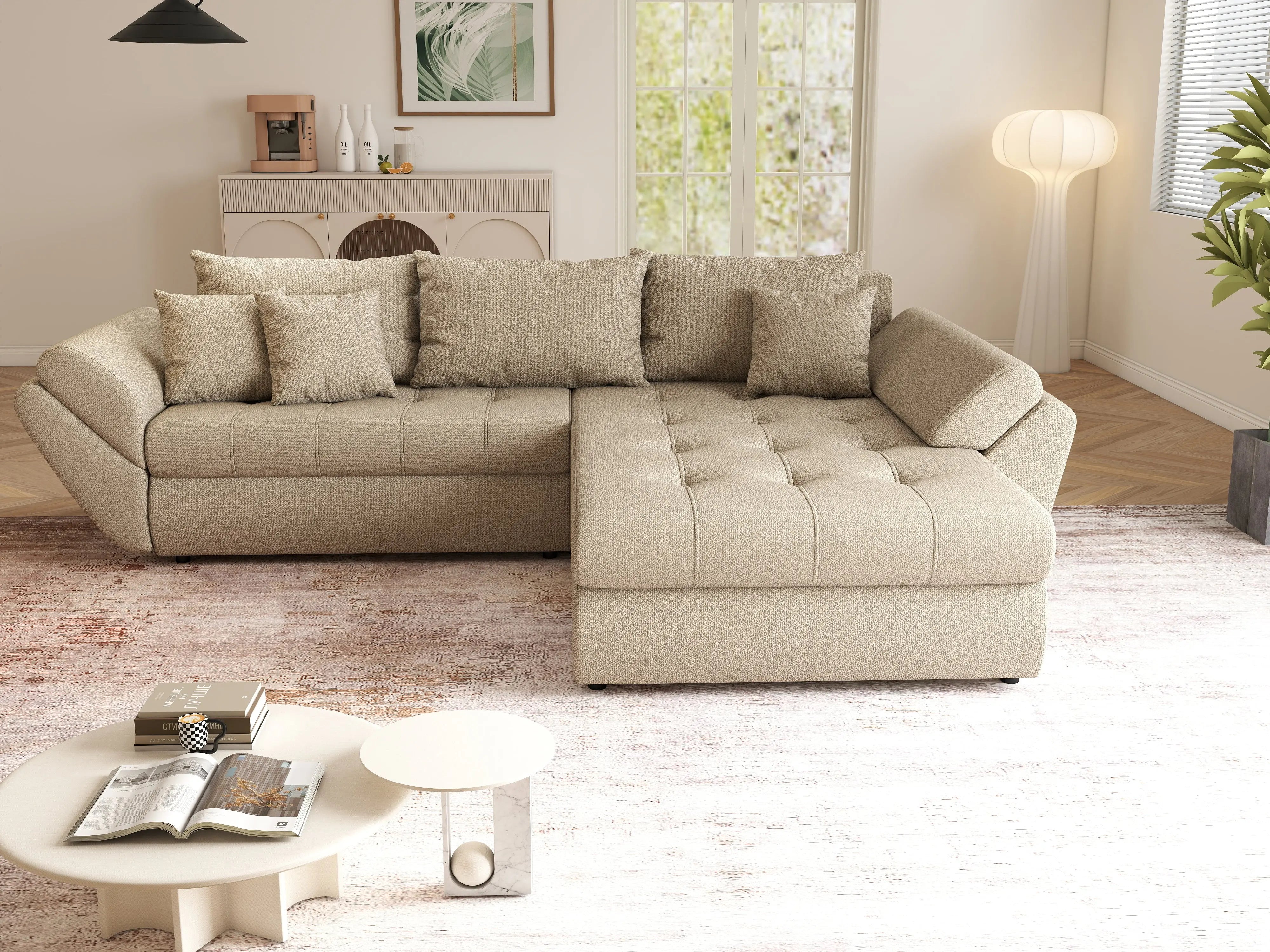 Colțar extensibil dumonde cu ladă de depozitare si sezut confortabil din spuma HR, Loana Camel II 270x185 cm Fabrica