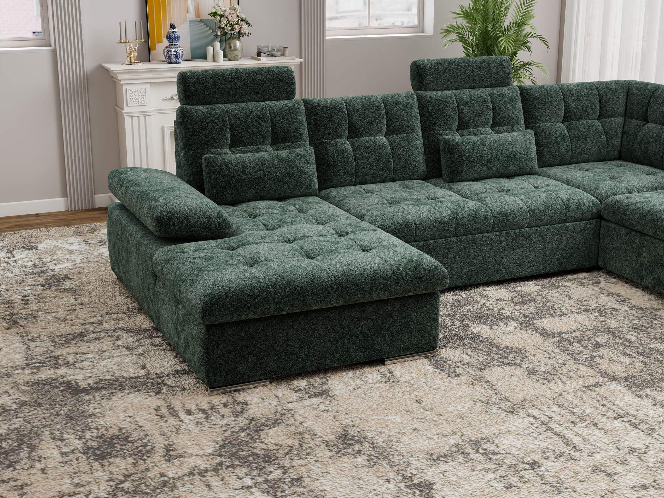 Colțar extensibil dumonde cu ladă de depozitare și șezut confortabil din spumă HR, Merkur U Euphoria Verde 324x218 cm