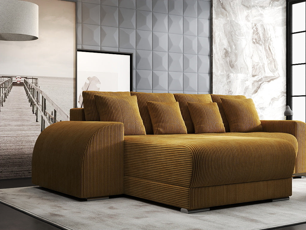 Colțar extensibil dumonde cu ladă de depozitare si sezut confortabil din spuma HR, Verona Zoom Mustar 290x185 cm Fabrica