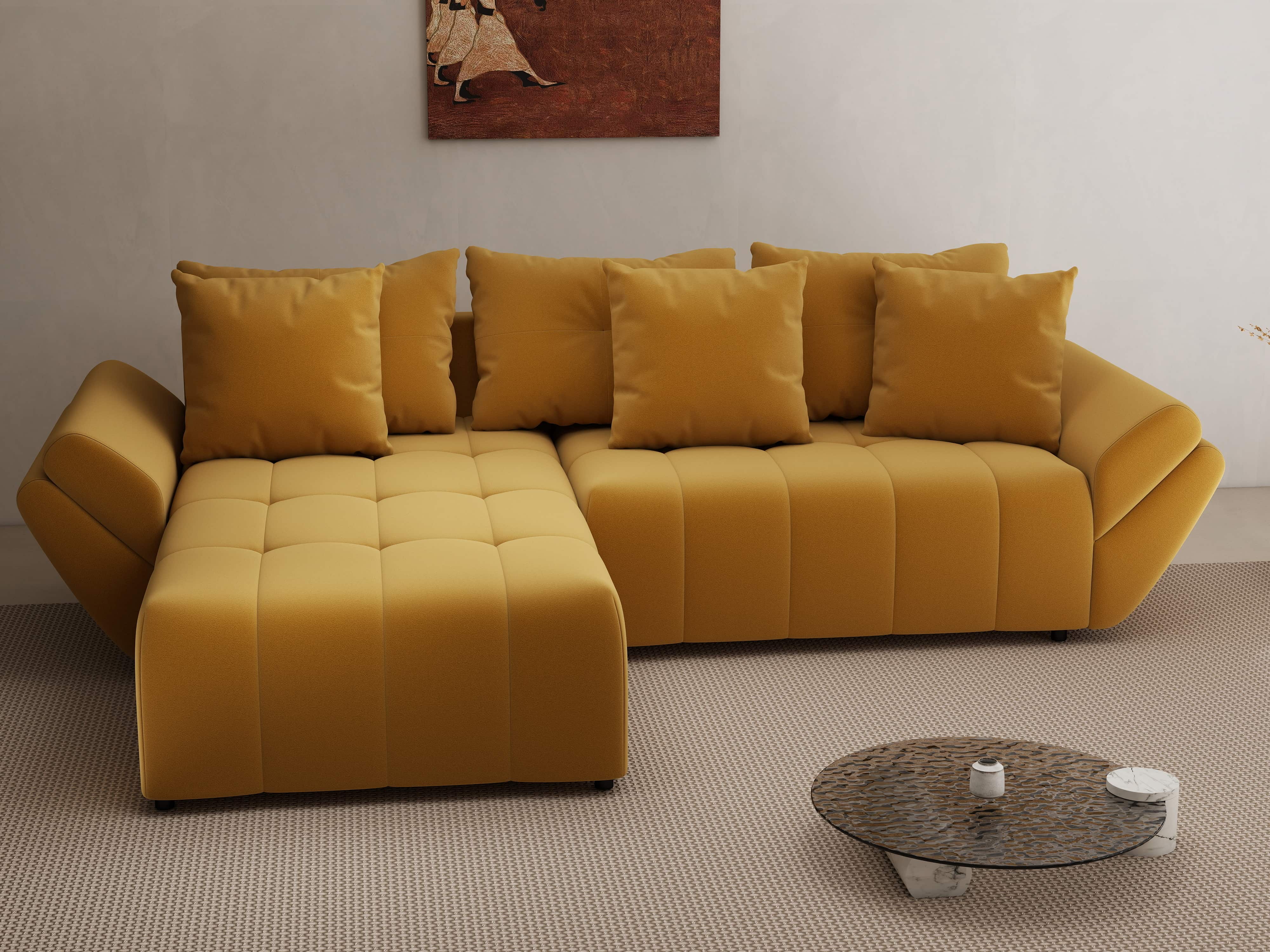 Colțar extensibil dumonde cu ladă de depozitare si sezut confortabil din spuma HR, Berlin Royal Mustar 280x185 cm Fabrica