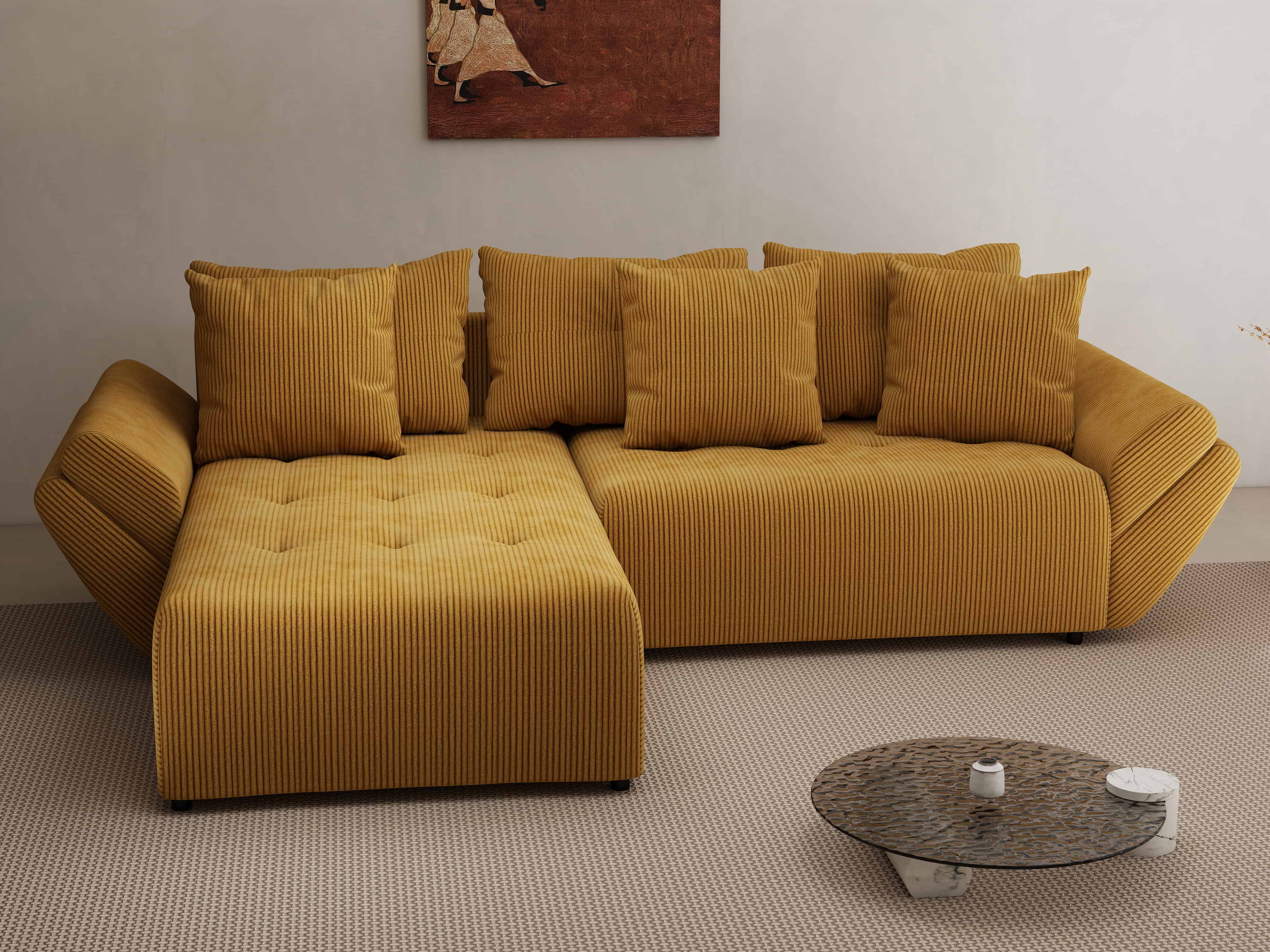 Colțar extensibil dumonde cu ladă de depozitare si sezut confortabil din spuma HR, Berlin Zoom Mustar 280x185 cm Fabrica