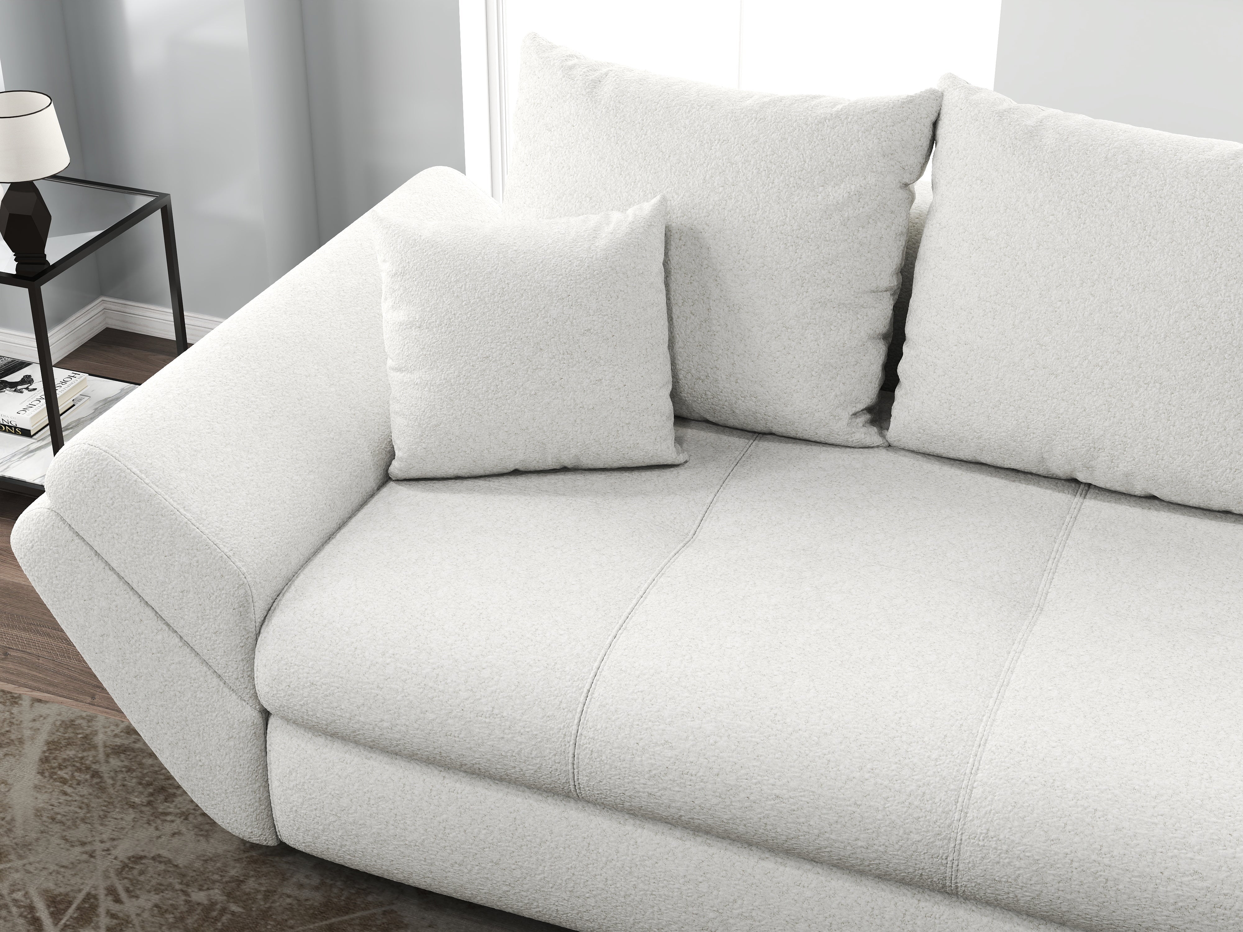 Canapea extensibilă dumonde cu ladă de depozitare si sezut confortabil din spuma HR, Loana Euphoria Ivory 250x100 cm Fabrica