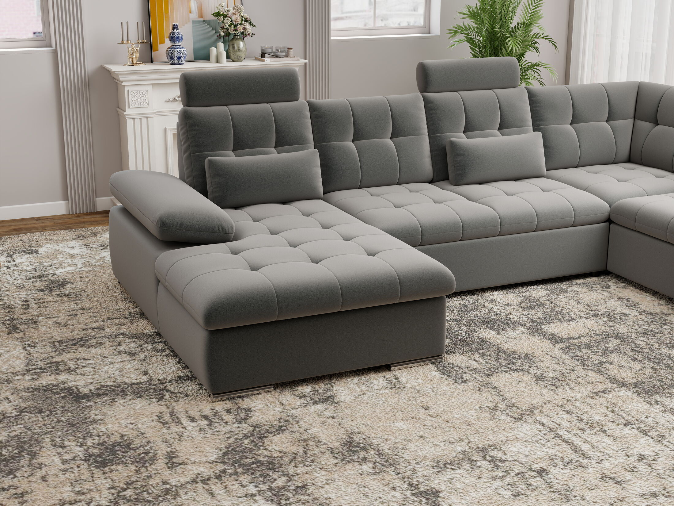 Colțar extensibil dumonde cu ladă de depozitare și șezut confortabil din spumă HR, Merkur U Royal Antracit 324x218 cm