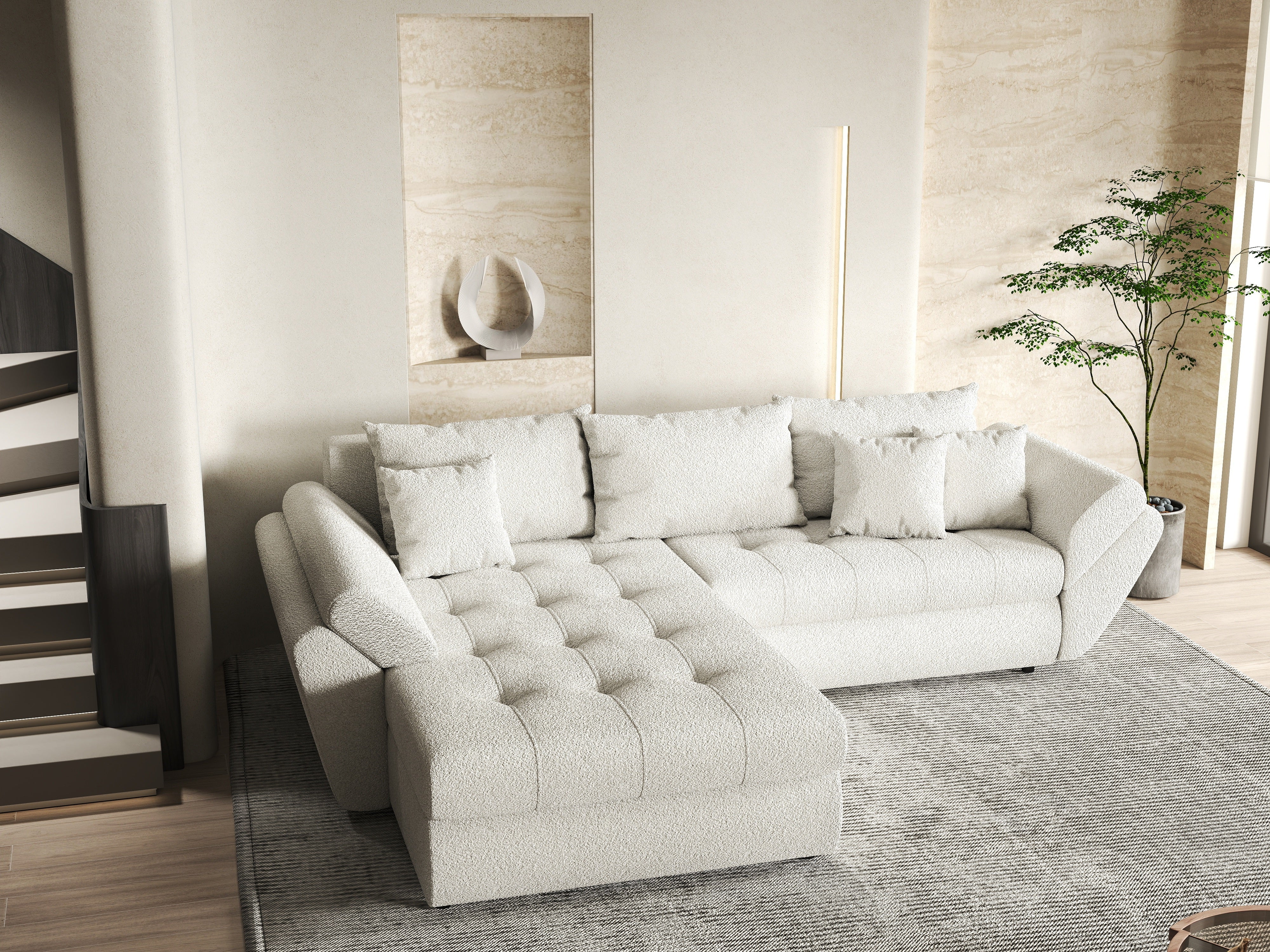 Colțar extensibil dumonde cu ladă de depozitare si sezut confortabil din spuma HR, Loana Euphoria Ivory 270x185 cm Fabrica