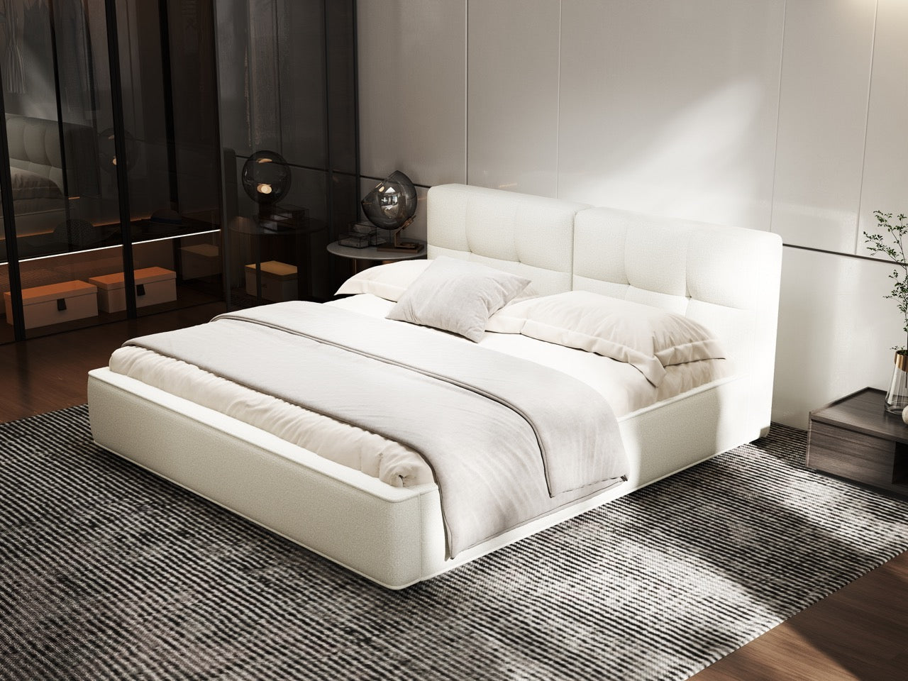 Pat dormitor dumonde, tapitat alb, Madrid 160x200 cm, somiera rabatabila inclusa, spatiu depozitare WLS